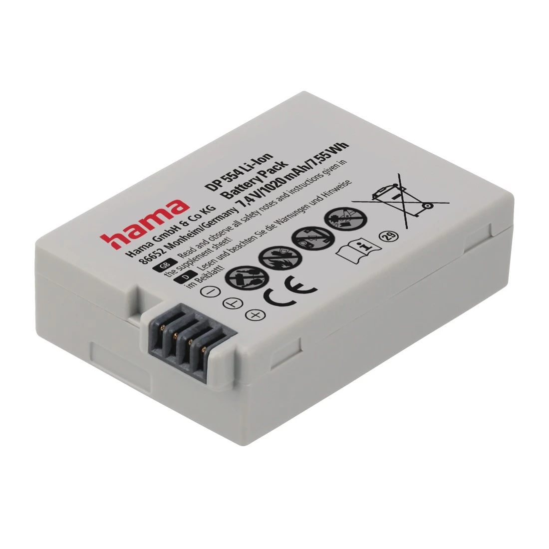 Biały i szary akumulator do aparatu z etykietami i złączami.