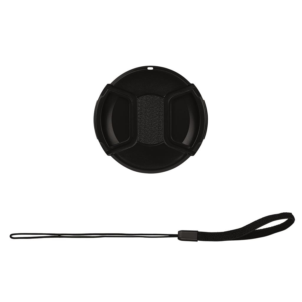 Czarna osłona obiektywu z paskiem, na białym tle.