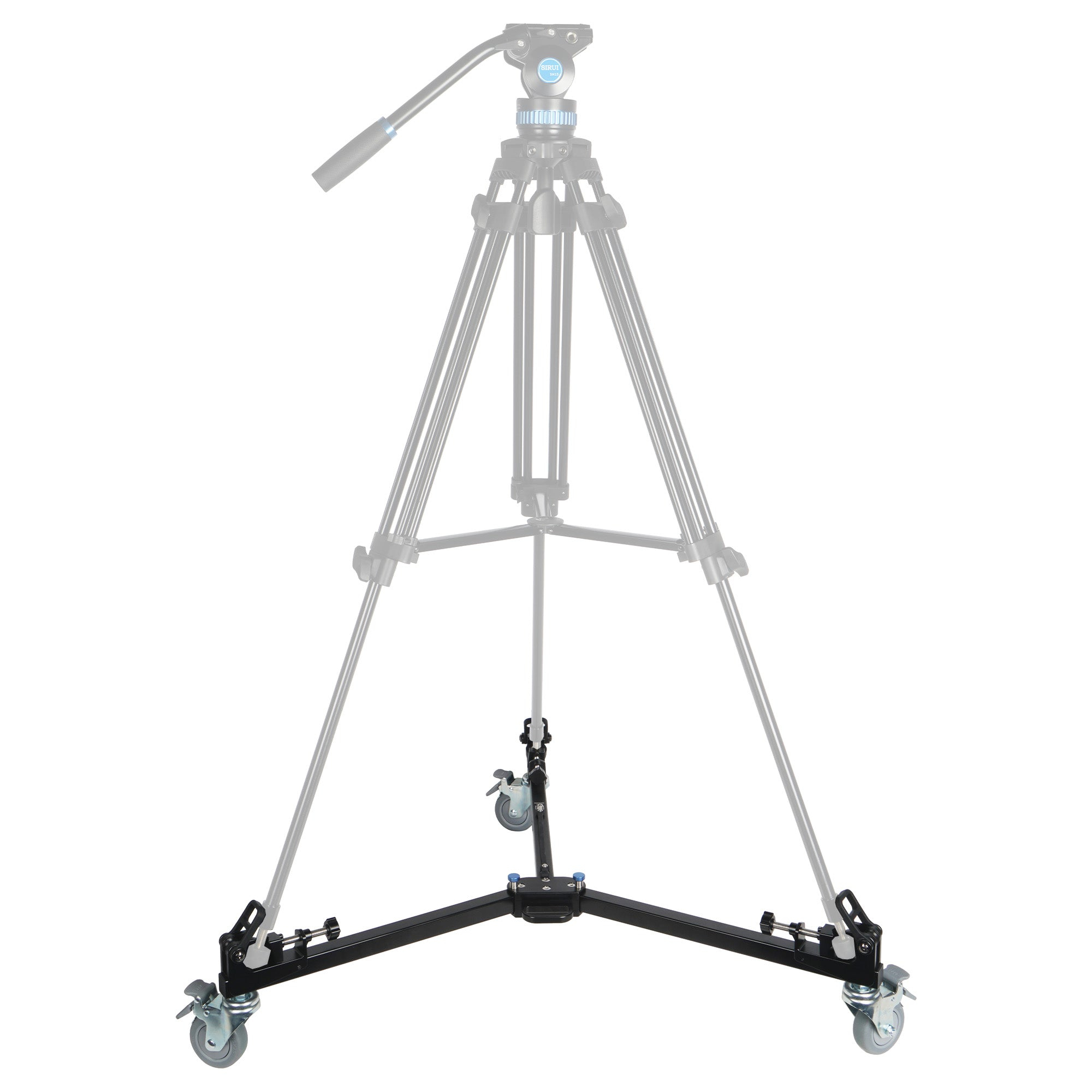 Base per treppiede con ruote, nera e argentata. È davanti a una silhouette di treppiede. Bianco.
