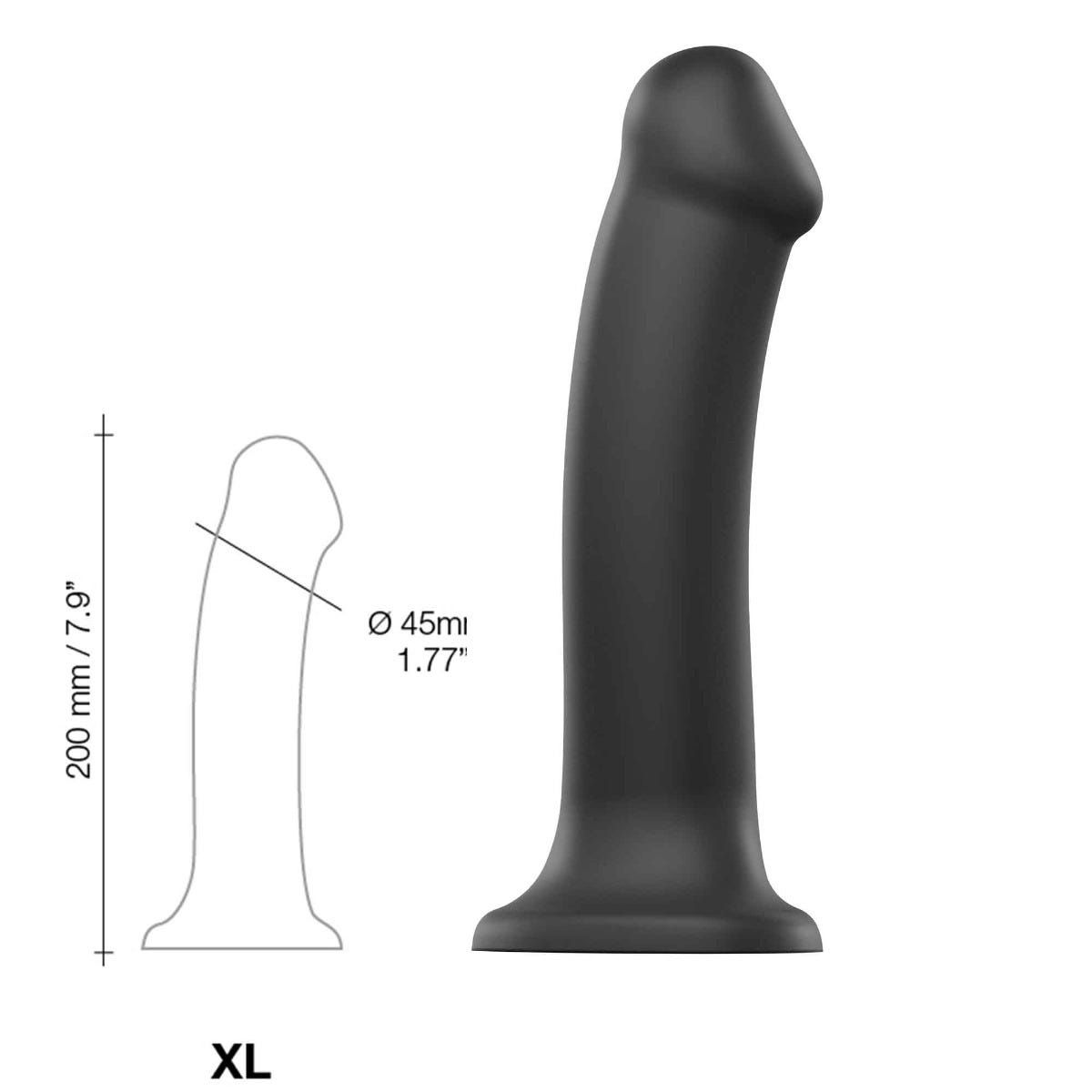 Pokazany jest czarny dildo, z diagramem wskazującym jego rozmiar: 200 mm/7,9" długości i 45 mm/1,77" średnicy.