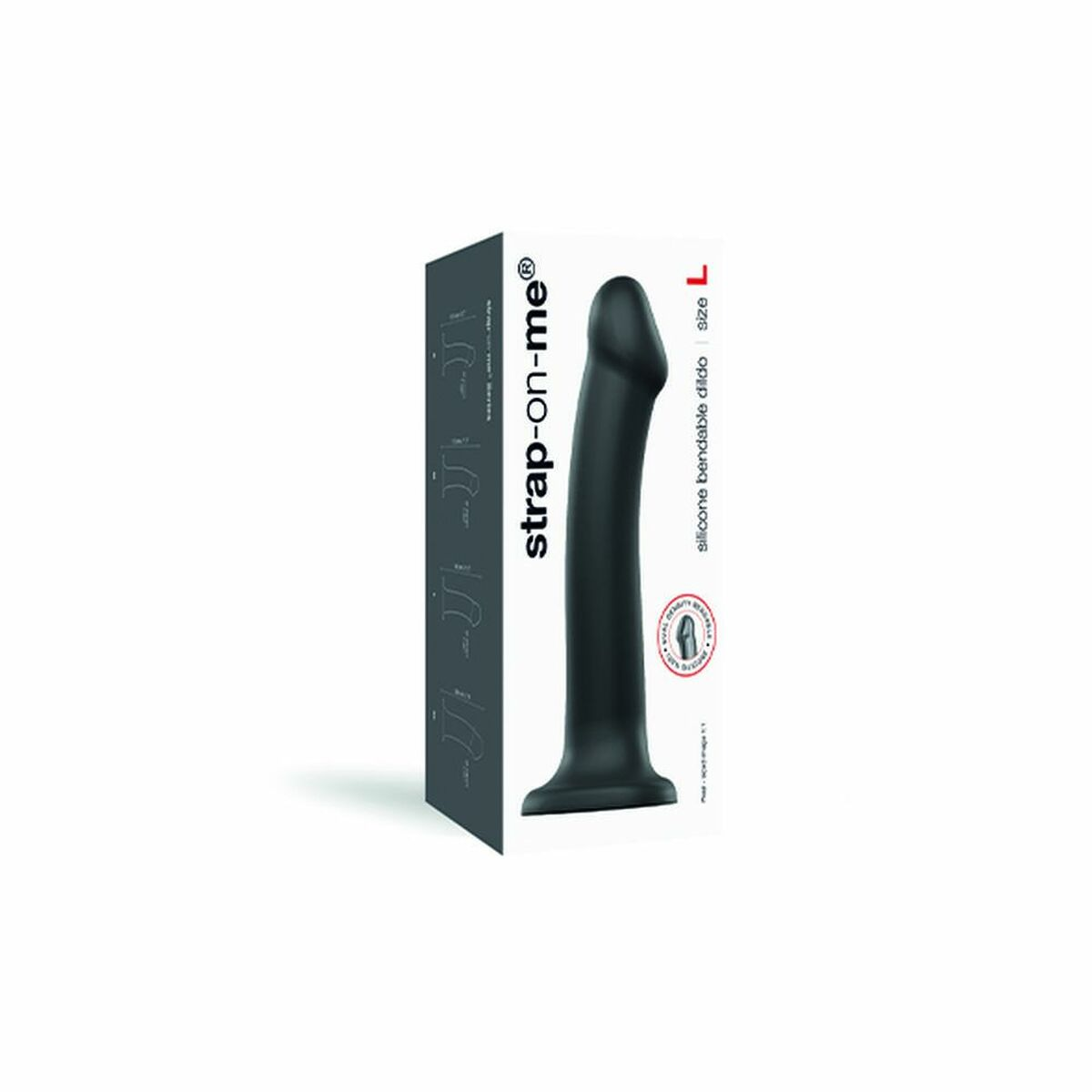 Czarny dildo na pasku w pudełku. Białe tło.