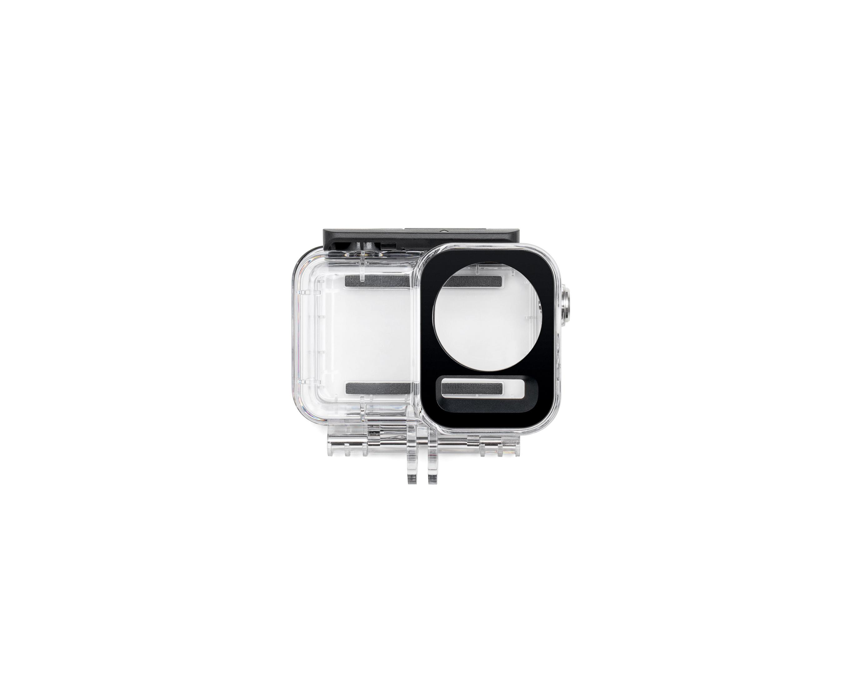 Custodia trasparente per fotocamera con cornice nera, isolata su sfondo bianco.