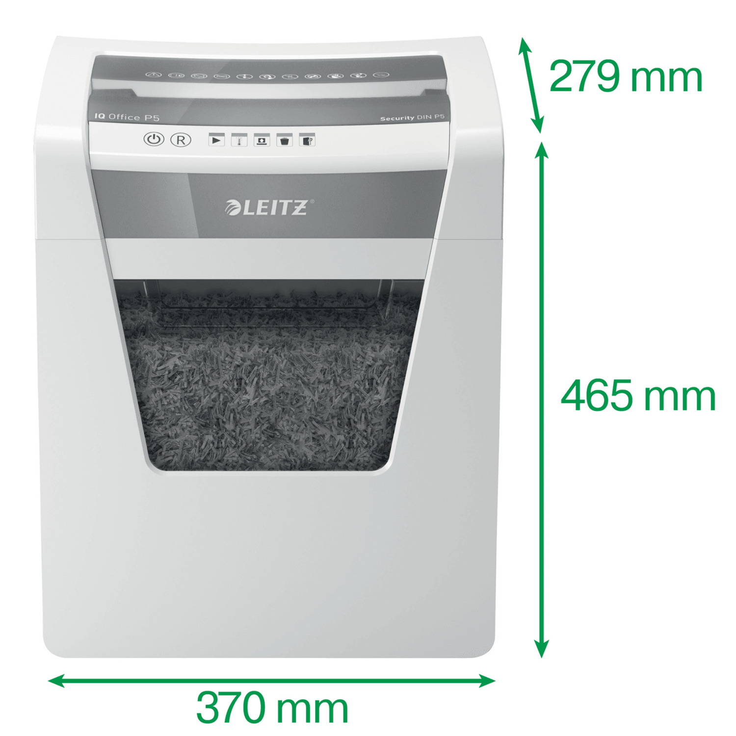 Ein weißer Leitz iQ Office P5 Aktenvernichter mit Abmessungen in Millimetern.