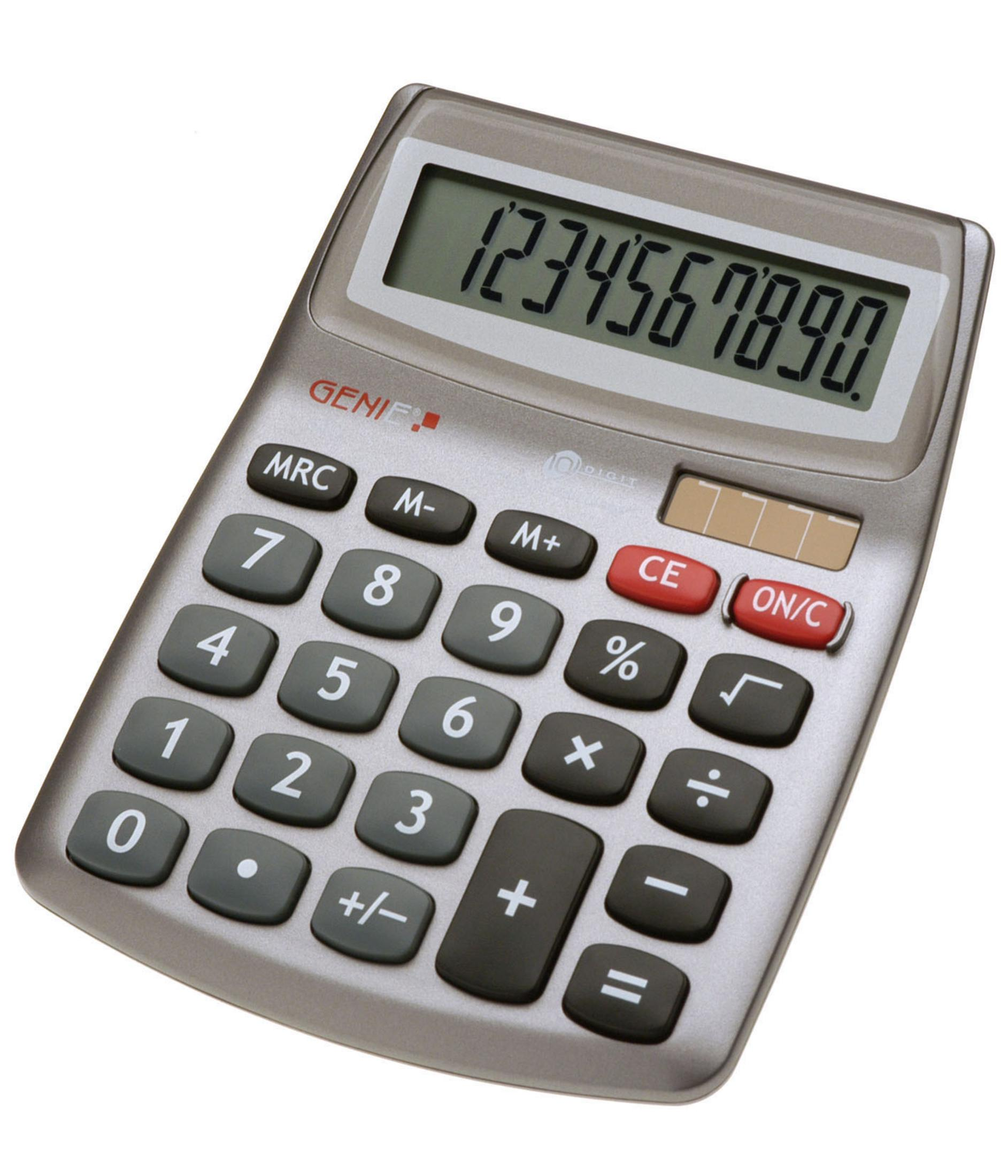 Calculatrice argentée avec boutons noirs et affichage numérique.