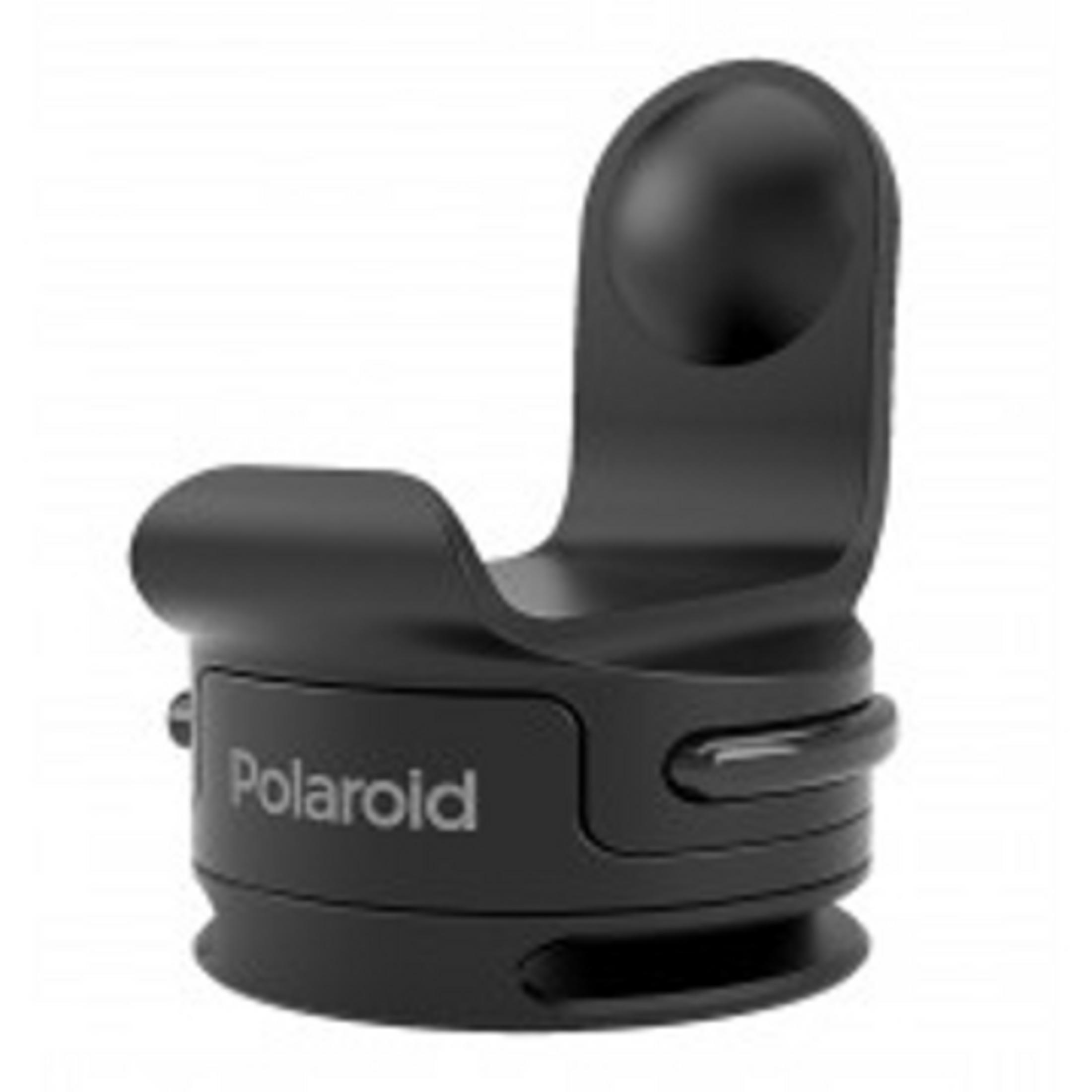 Czarny uchwyt do kamery Polaroid, z zakrzywioną podstawą i mocowaniem.