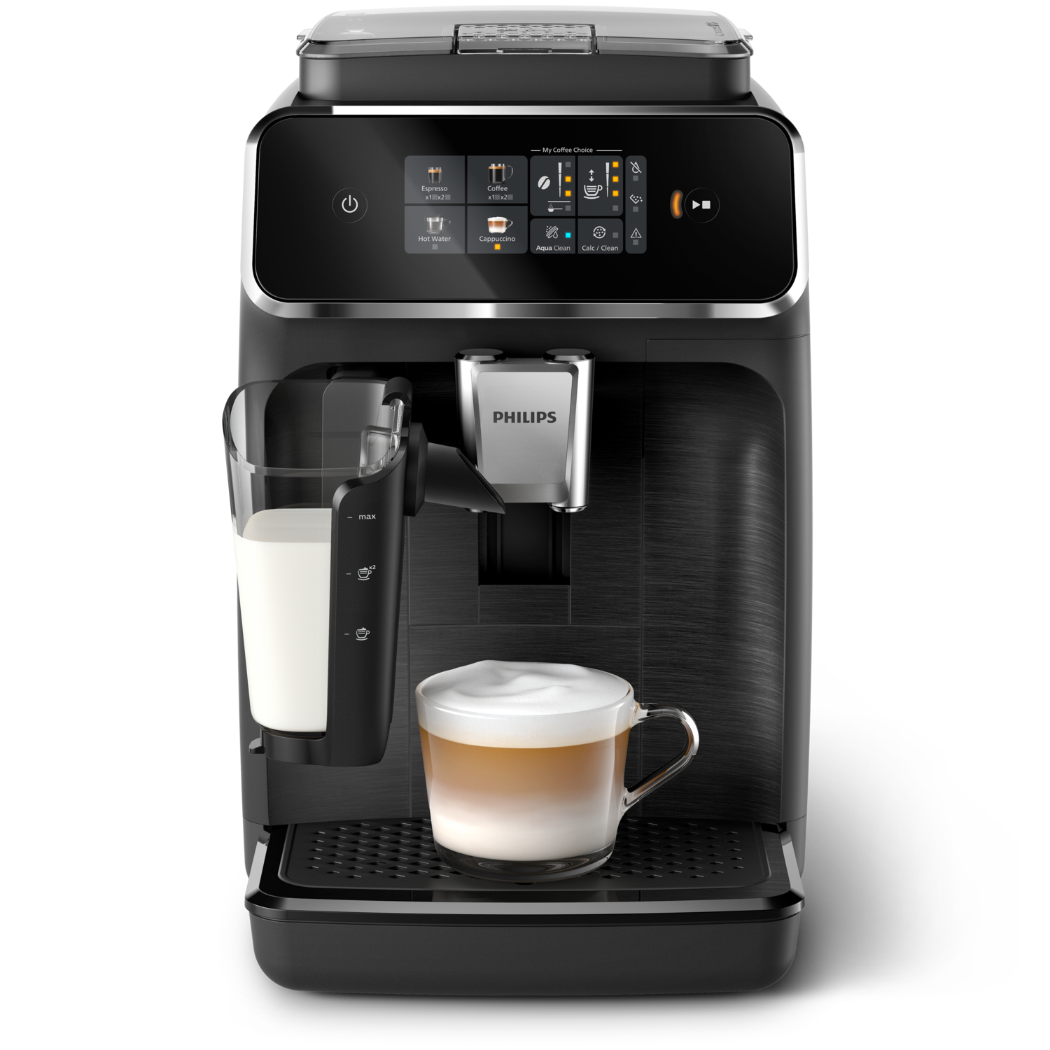 Macchina da caffè nera con contenitore del latte e bicchiere di latte. Pulsanti con icone sul davanti.