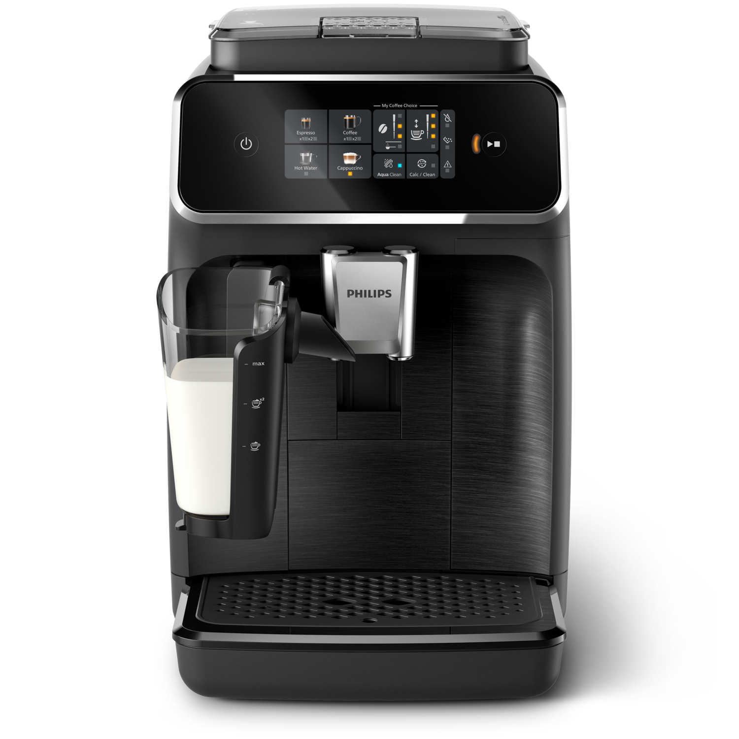 Macchina da caffè nera con contenitore del latte ed espresso, con sfondo bianco.