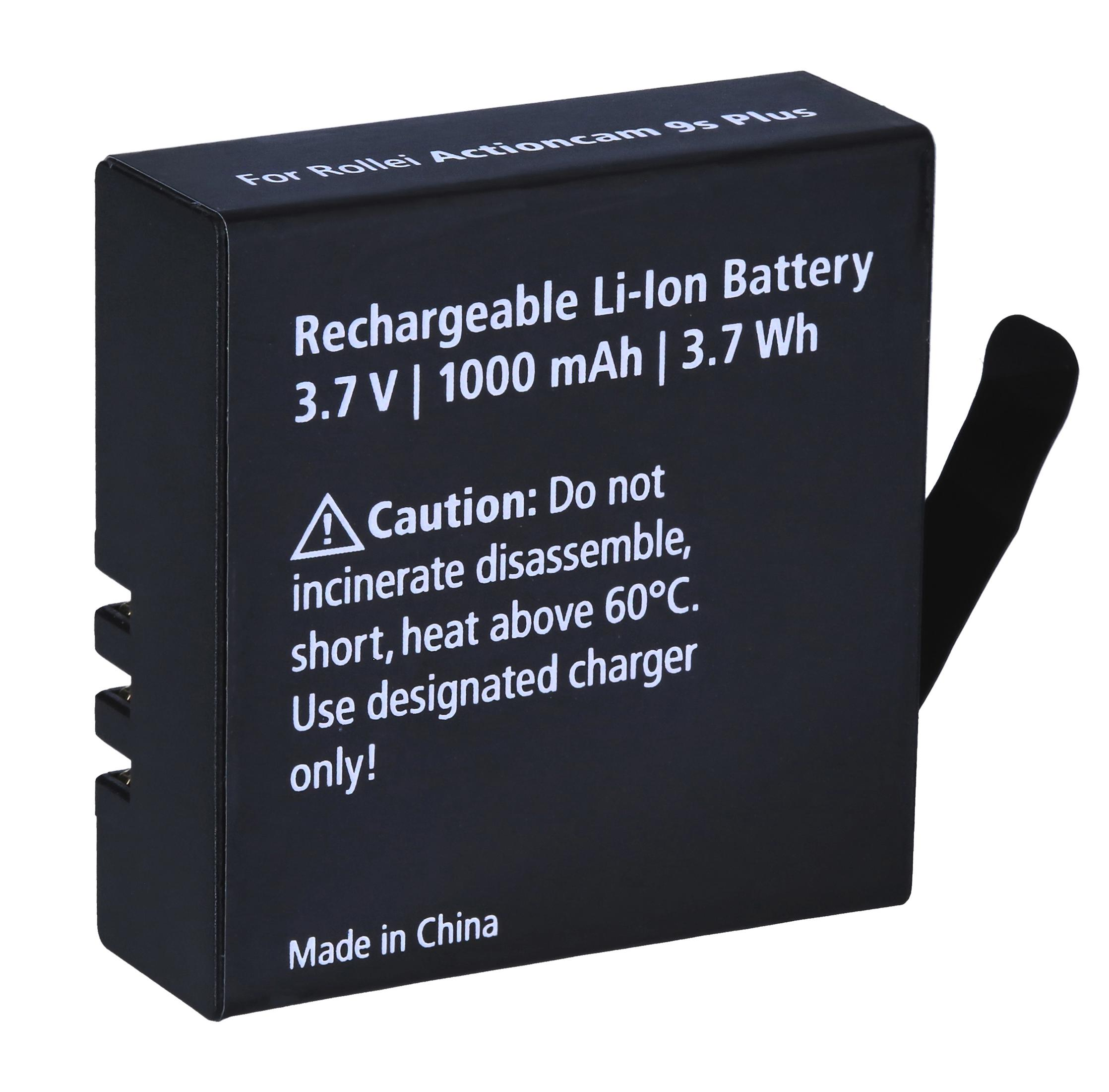 Batteria Li-ion ricaricabile nera per una Rollei Actioncam. Ha del testo con avvertenze.