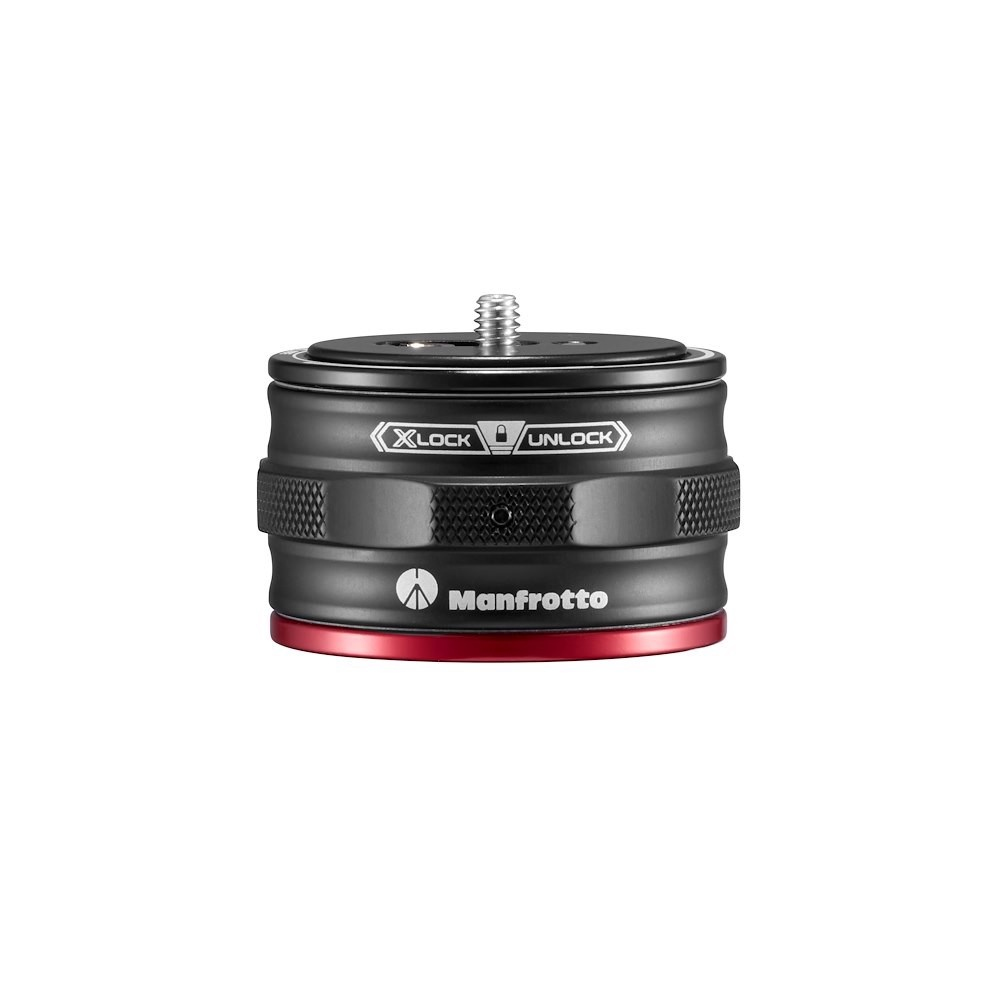 Base a sgancio rapido Manfrotto nera per fotocamera. È un piccolo dispositivo circolare.