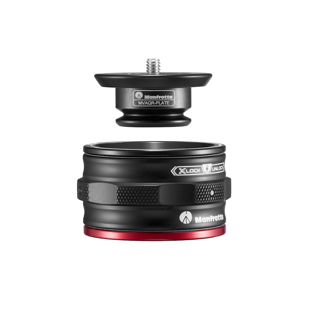 Piastra Manfrotto nera attaccata a una base. La piastra ha una vite e la base un anello rosso.