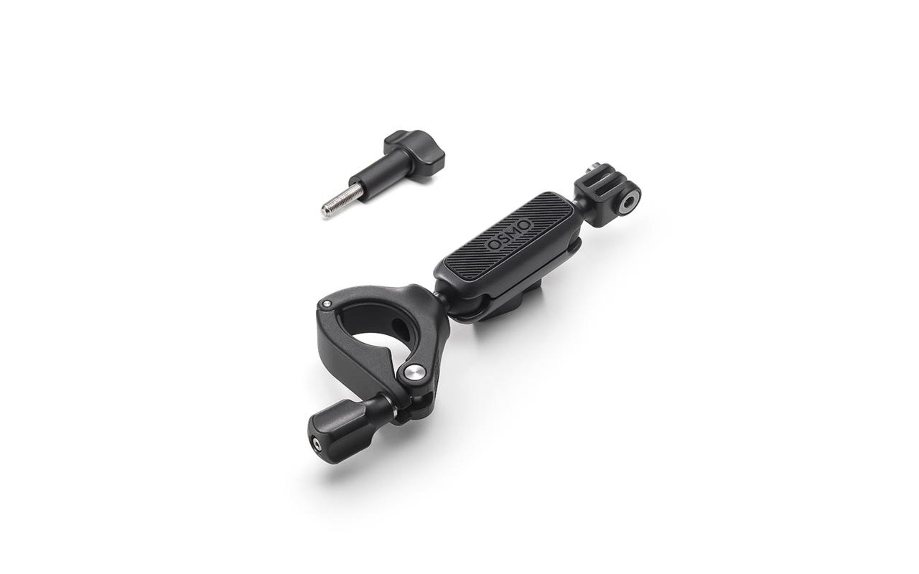 Schwarze Osmo Kamerahalterung mit Klemme, verstellbarem Arm und Schraube.