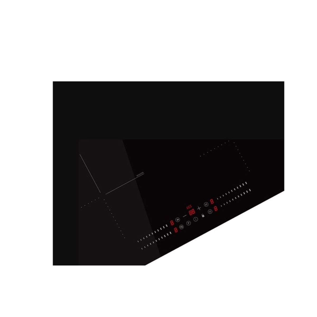 Czarna płyta indukcyjna z czerwonym wyświetlaczem cyfrowym i czterema strefami.