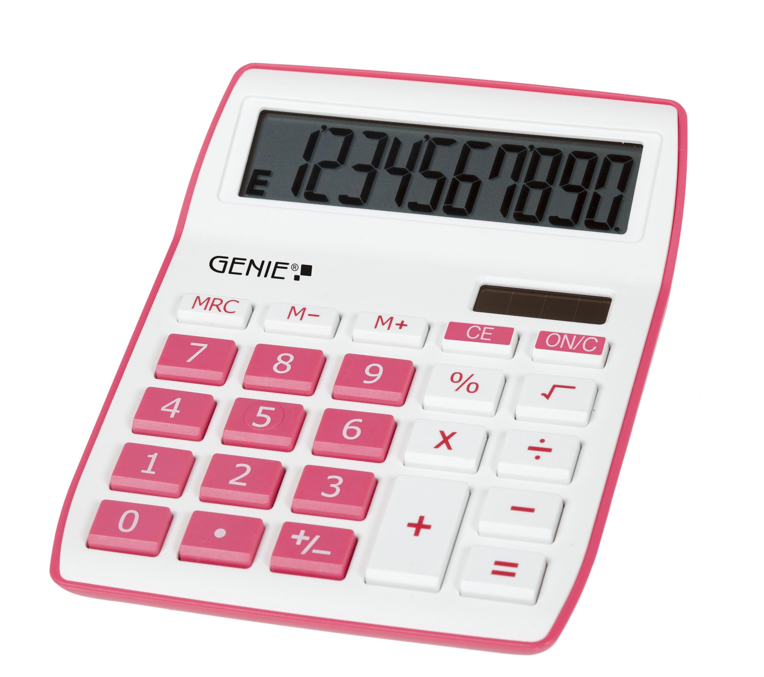 Biały kalkulator z różowymi akcentami. Wyświetlane numery 1234567890. Białe tło.