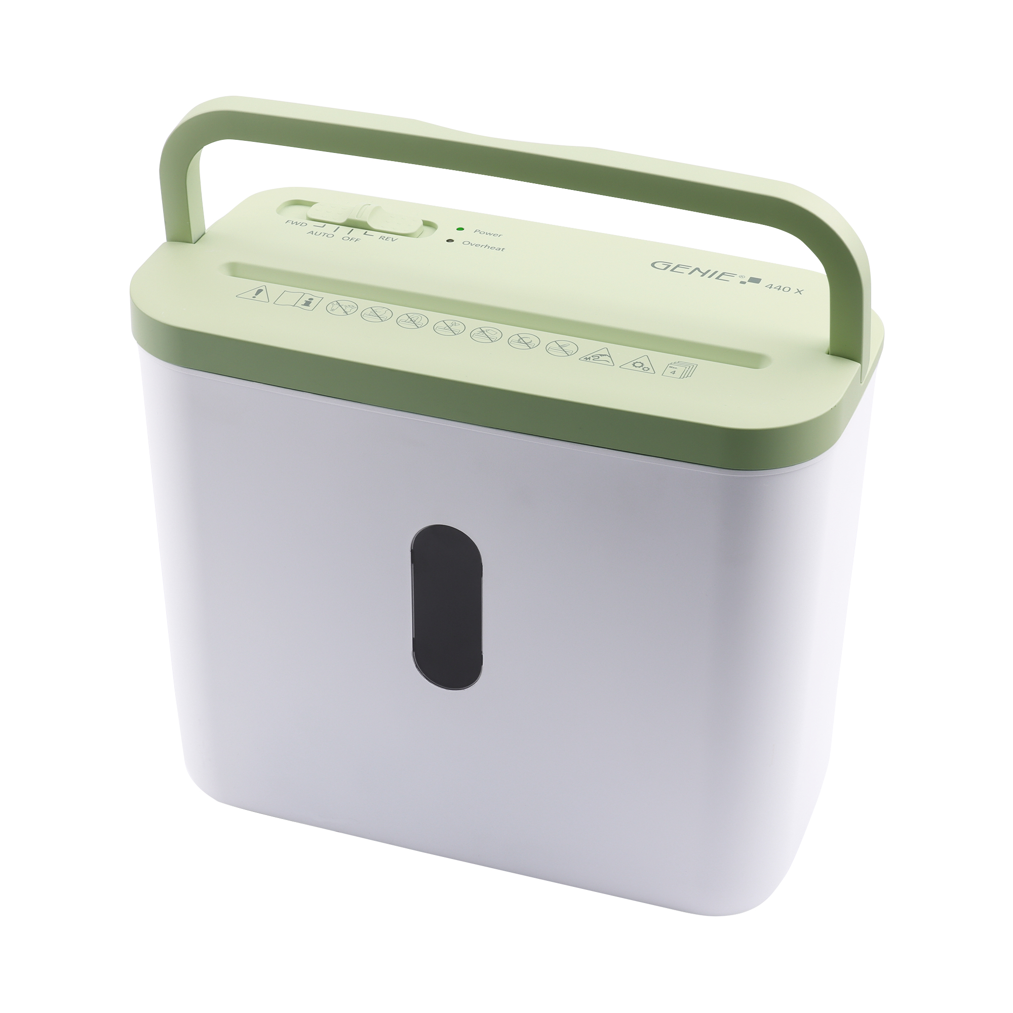 Biało-zielona niszczarka papieru z uchwytem na górze i czarnym otworem.