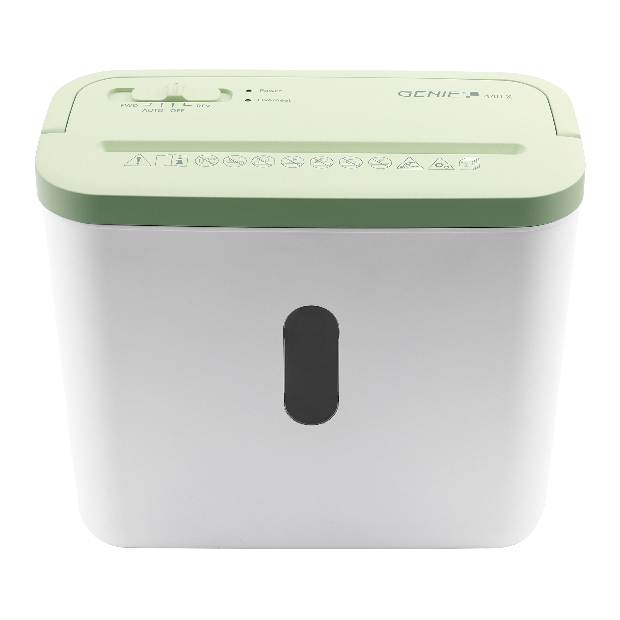 Biało-zielona niszczarka papieru z czarnym otworem i uchwytem na górze.