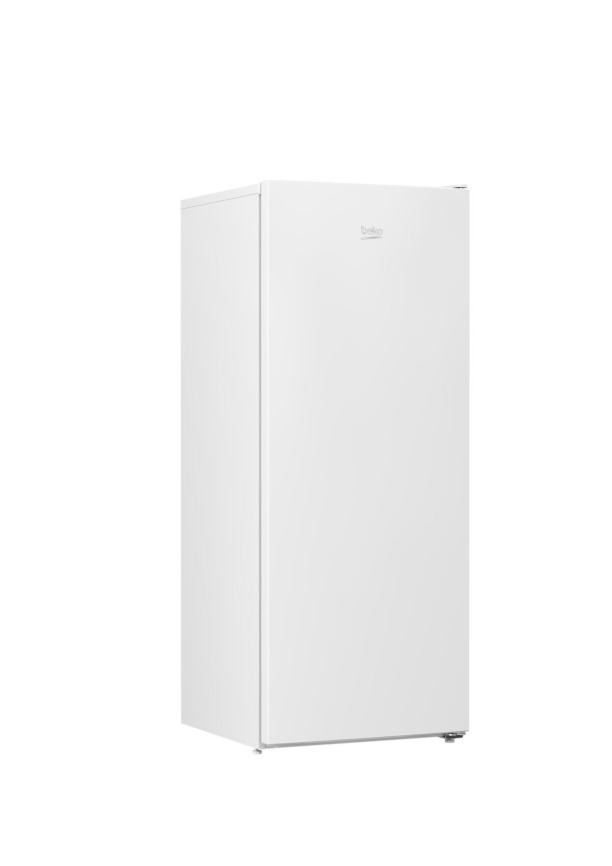 Un frigorifero Beko bianco si erge su sfondo bianco.