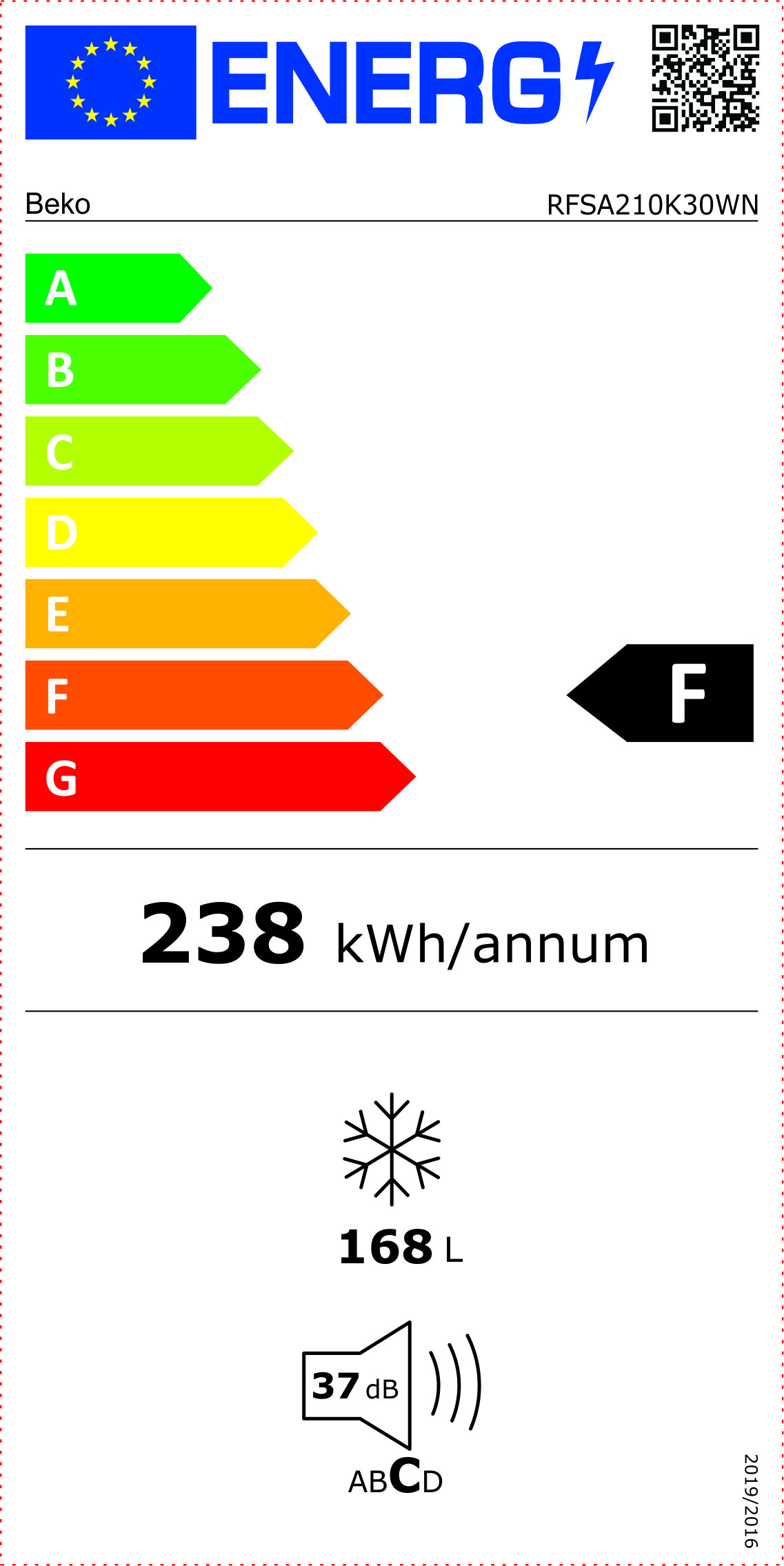 Etichetta energetica Beko che mostra l'efficienza F. Visualizza 238 kWh/anno, 168L e 37dB.