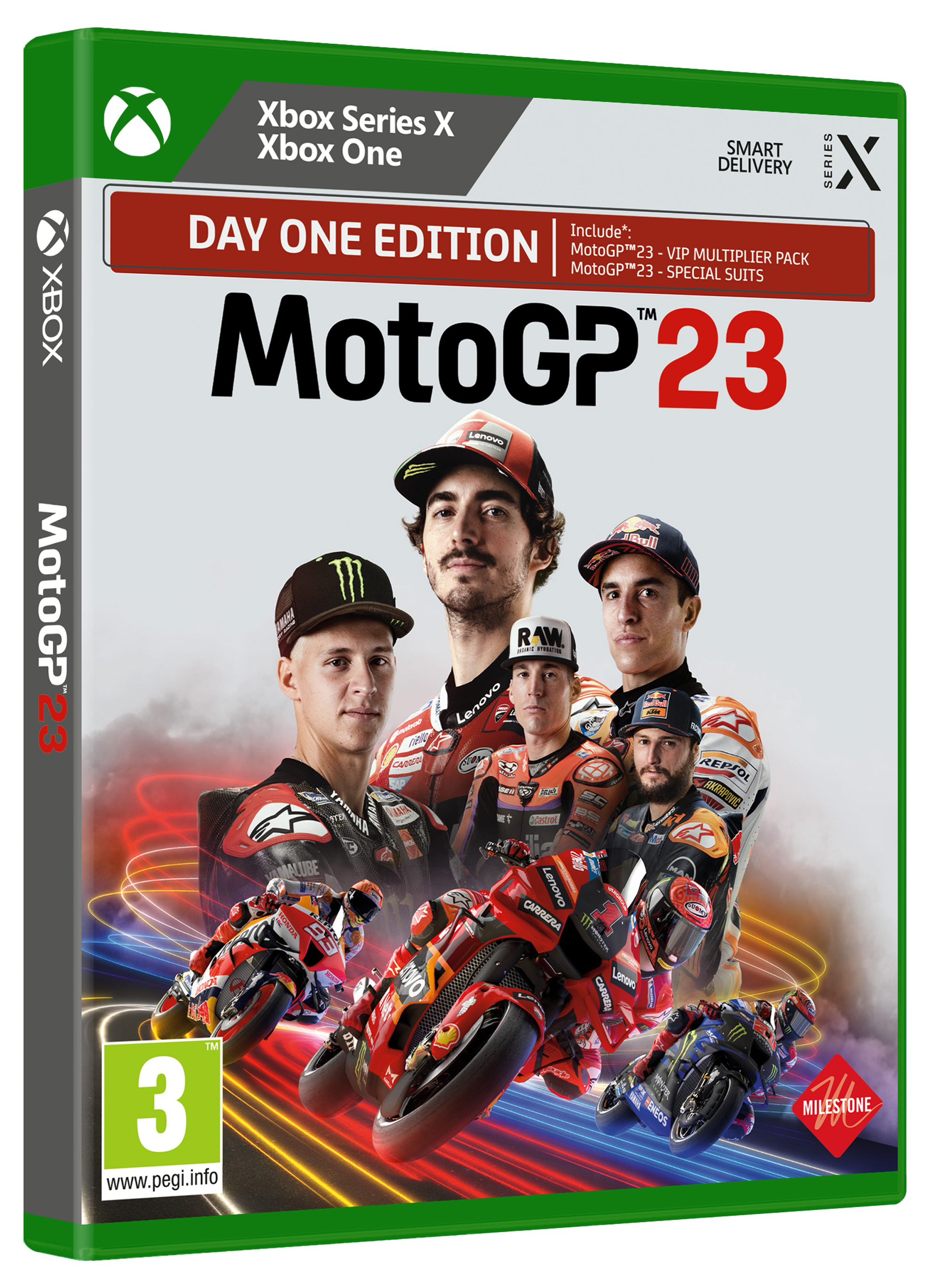 Scatola del gioco MotoGP 23 con piloti e moto sulla copertina, Xbox Series X/One.