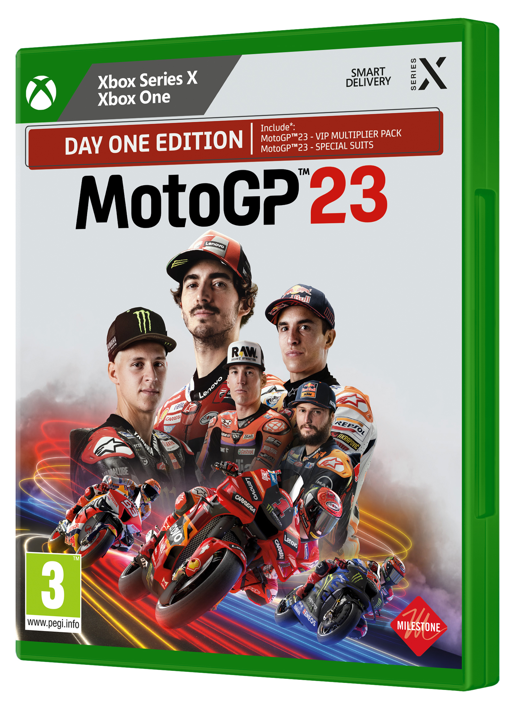 Copertina del gioco MotoGP 23. Piloti su moto, sfondo verde e logo del gioco.