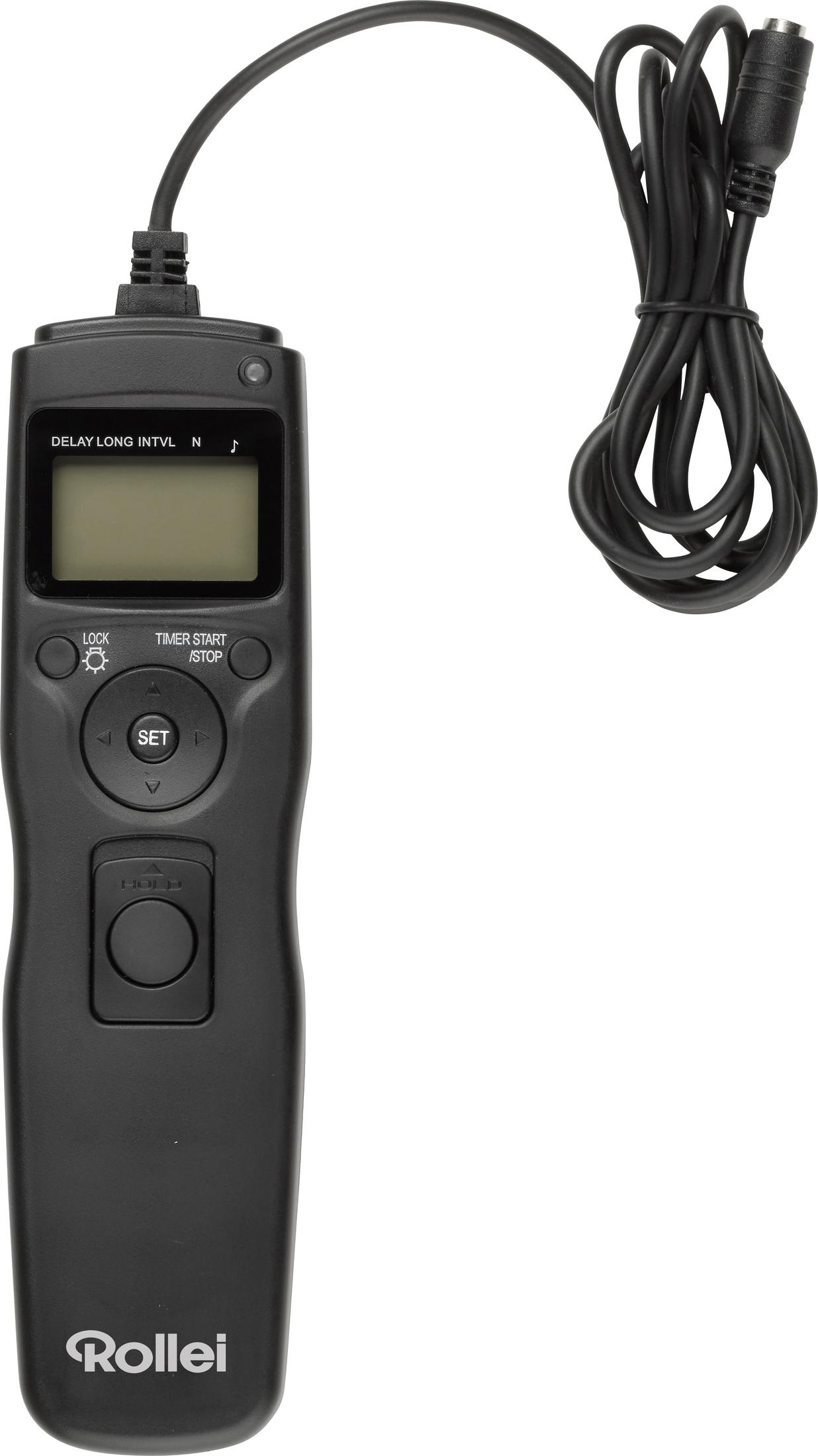 Czarny pilot do aparatu Rollei z ekranem LCD i kablem.