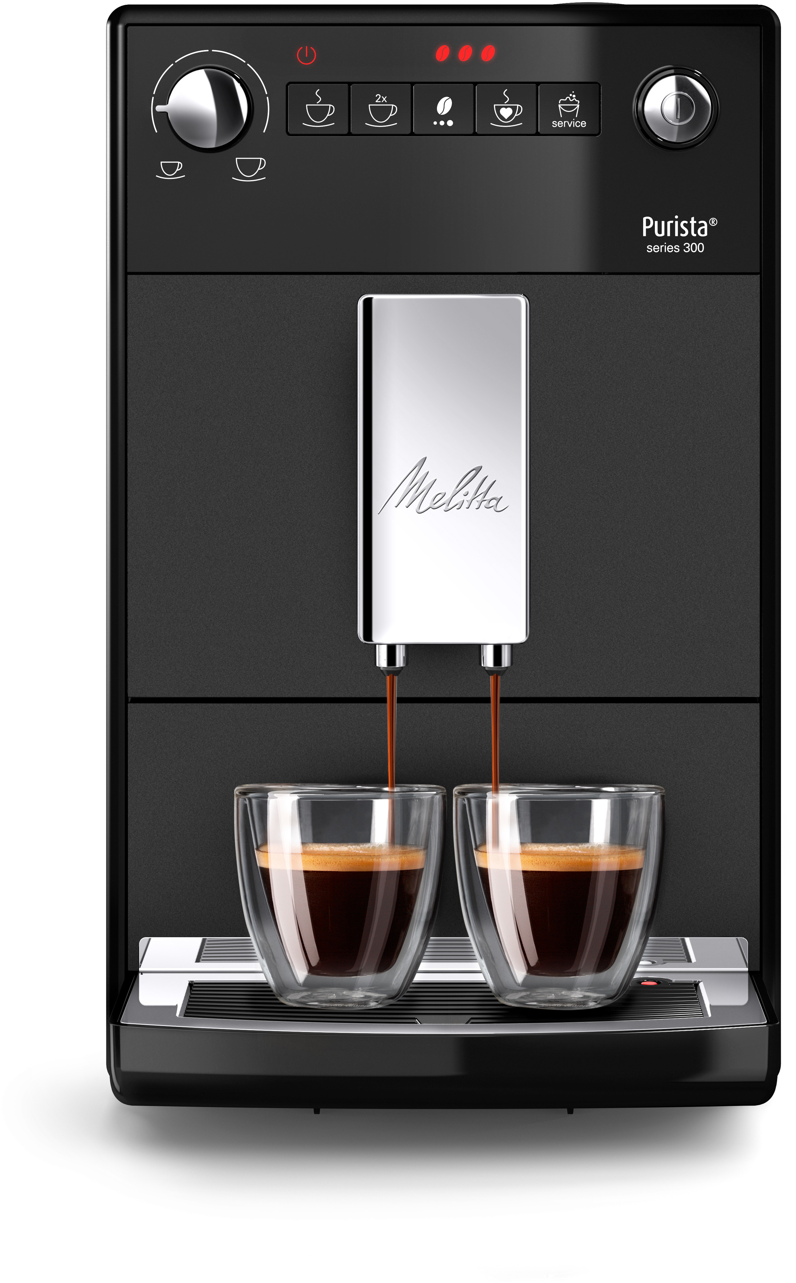 A black Melitta Purista Series 300 coffee machine with two glasses of coffee being poured. White background.