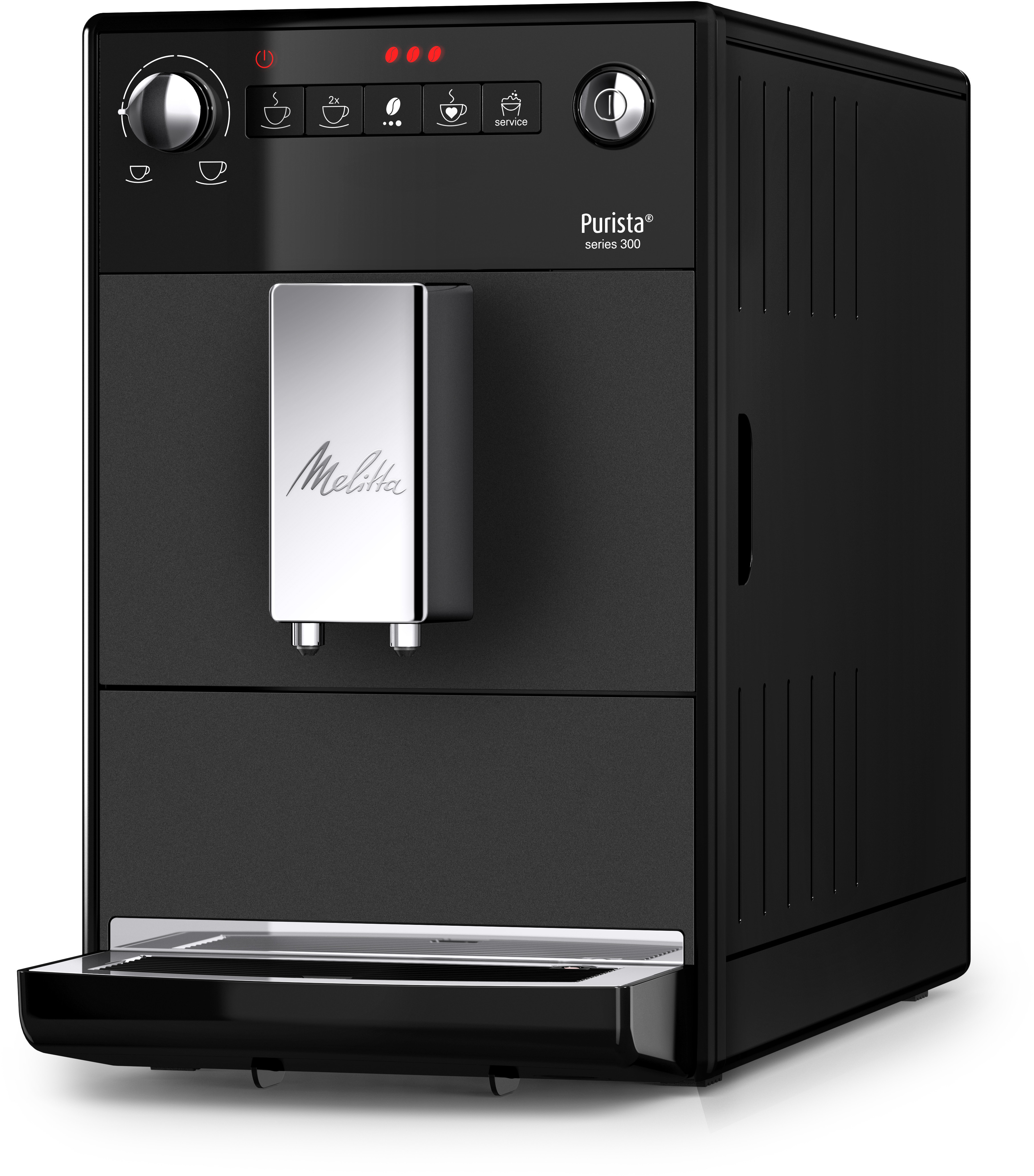 A black Melitta Purista Series 300 coffee machine. White background.