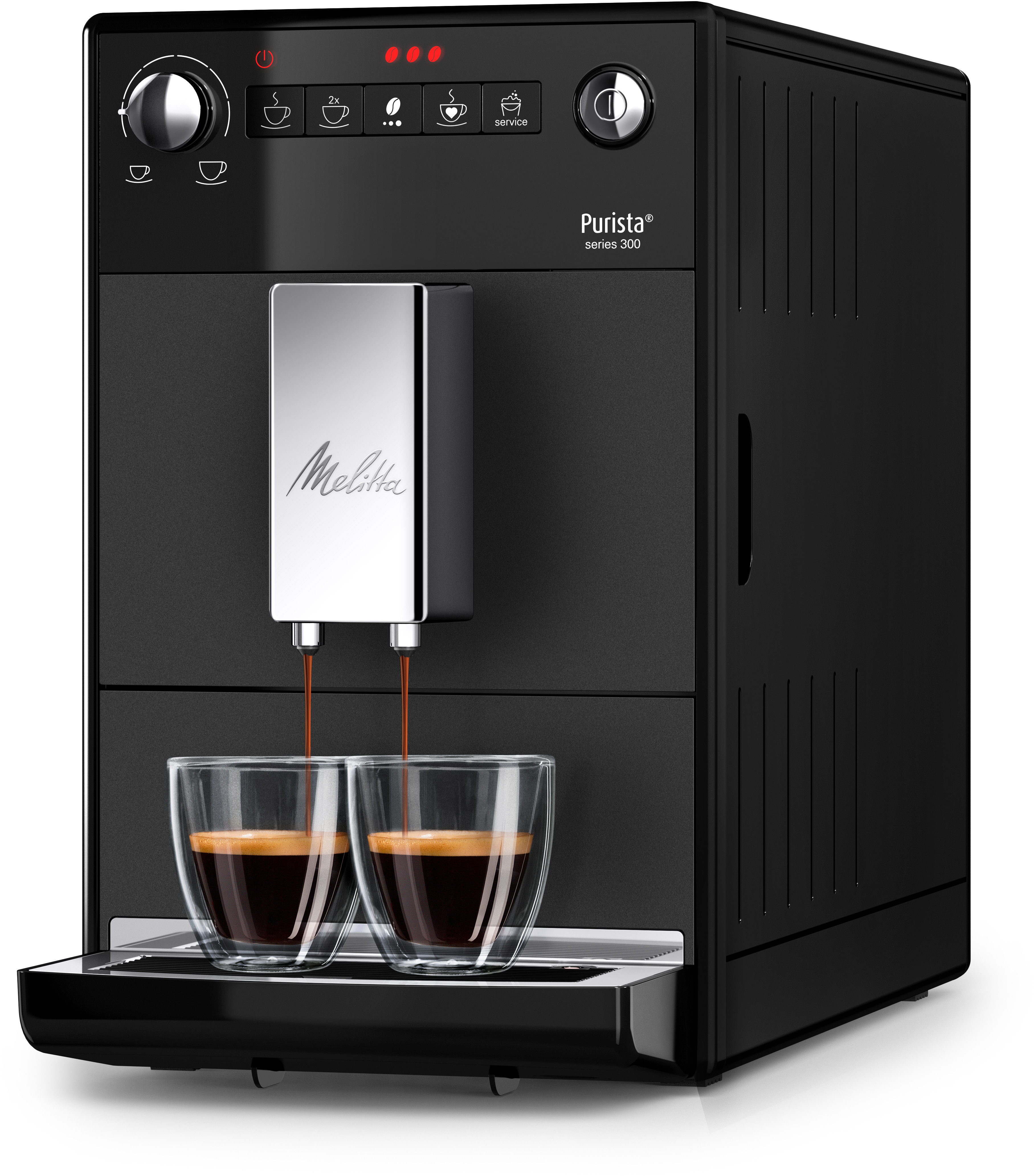 A black Melitta Purista Series 300 coffee machine with two glasses of coffee being poured. White background.