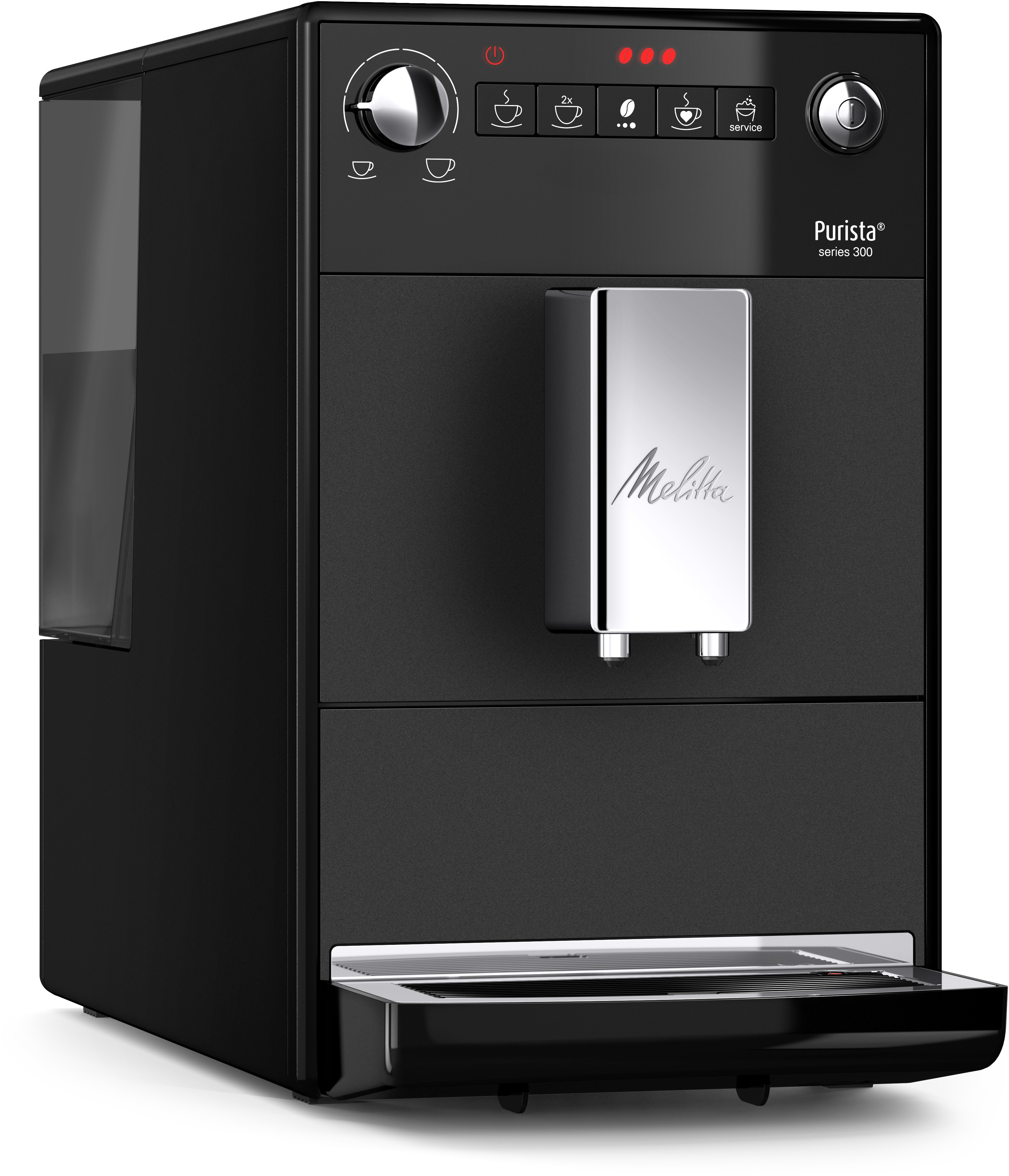 Black Melitta Purista series 300 coffee machine. Silver accents. Features include buttons and display.