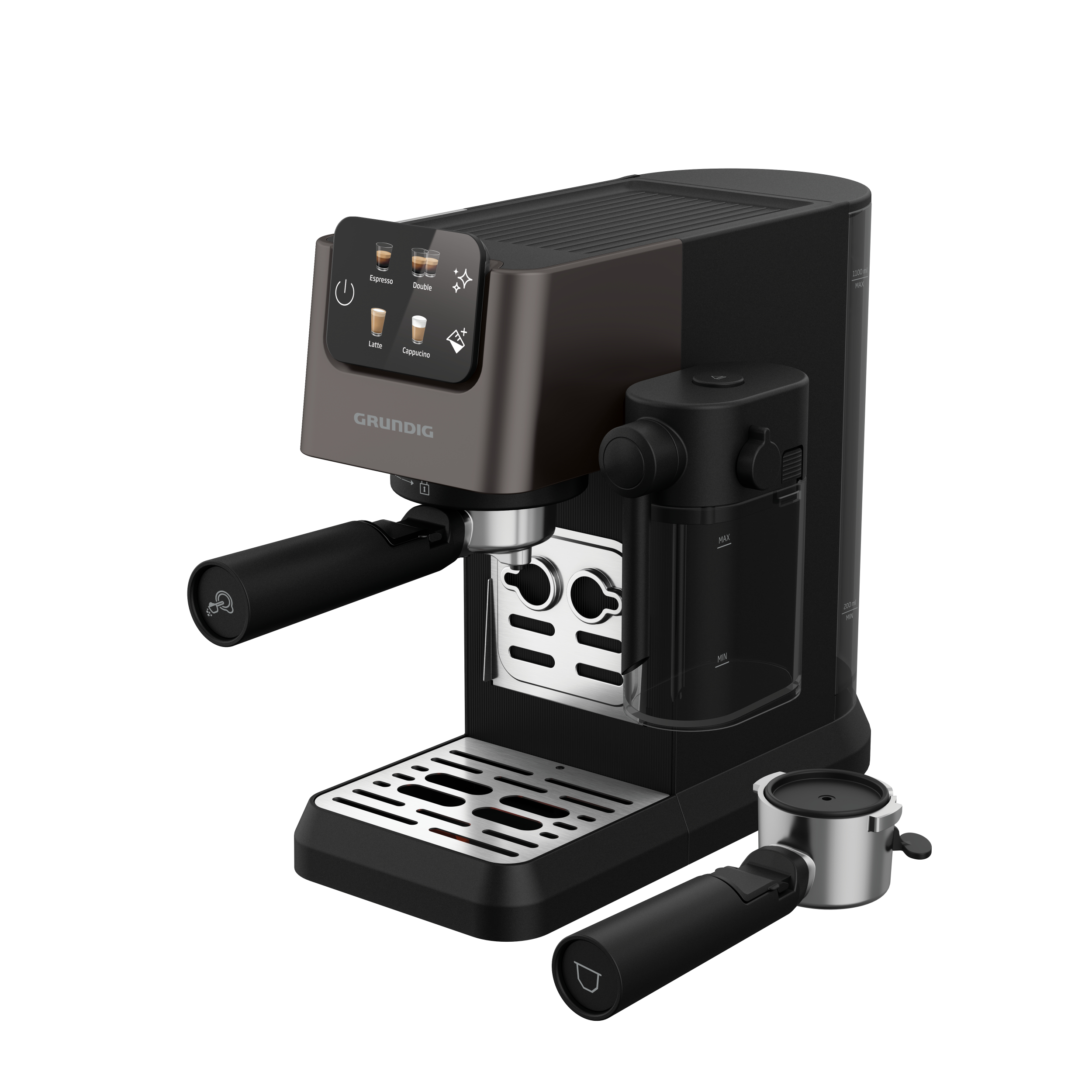 Czarny i brązowy ekspres do kawy z portafiltrem i akcesoriami, białe tło.