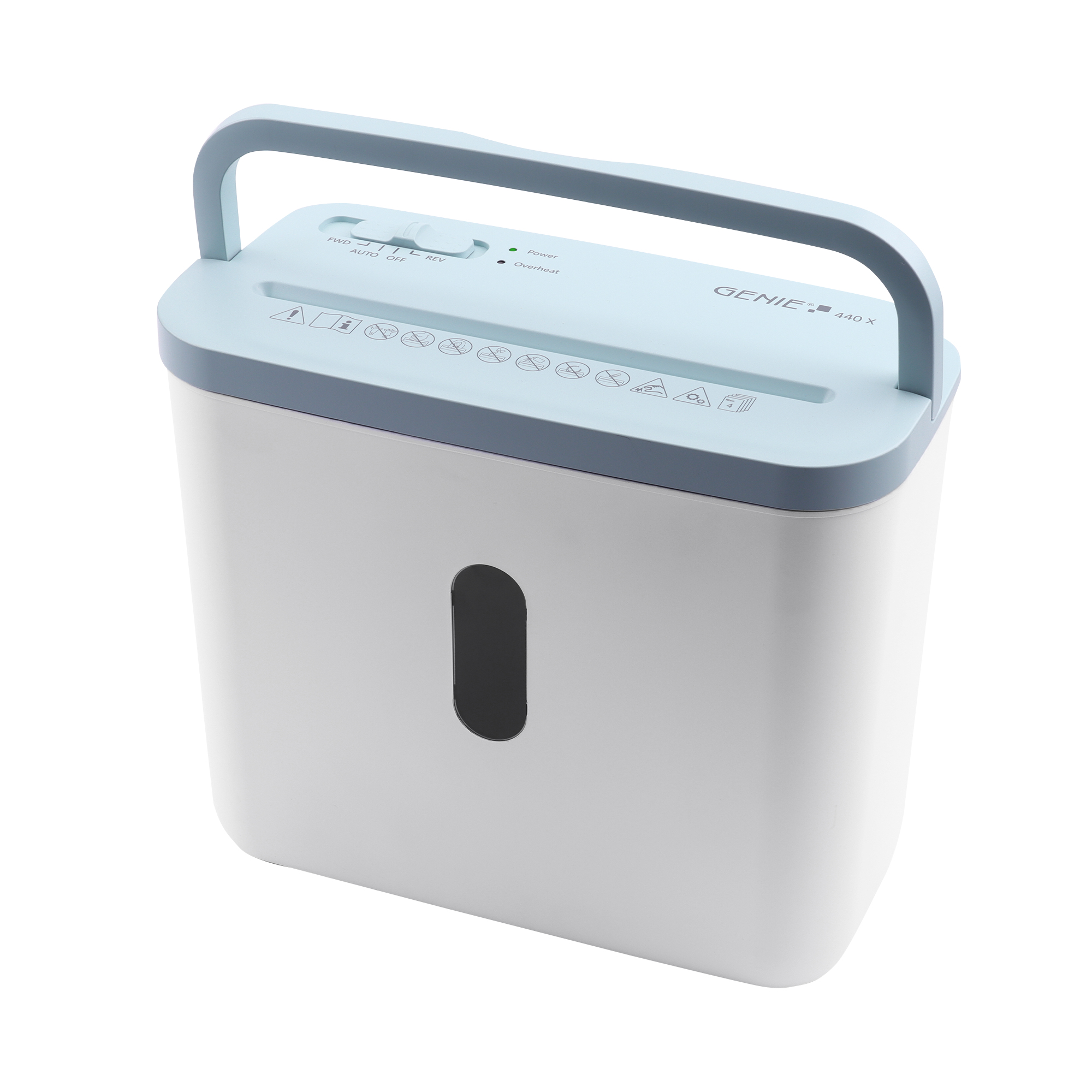 Biało-niebieska niszczarka do papieru z uchwytem, etykieta GENIE 440 X.