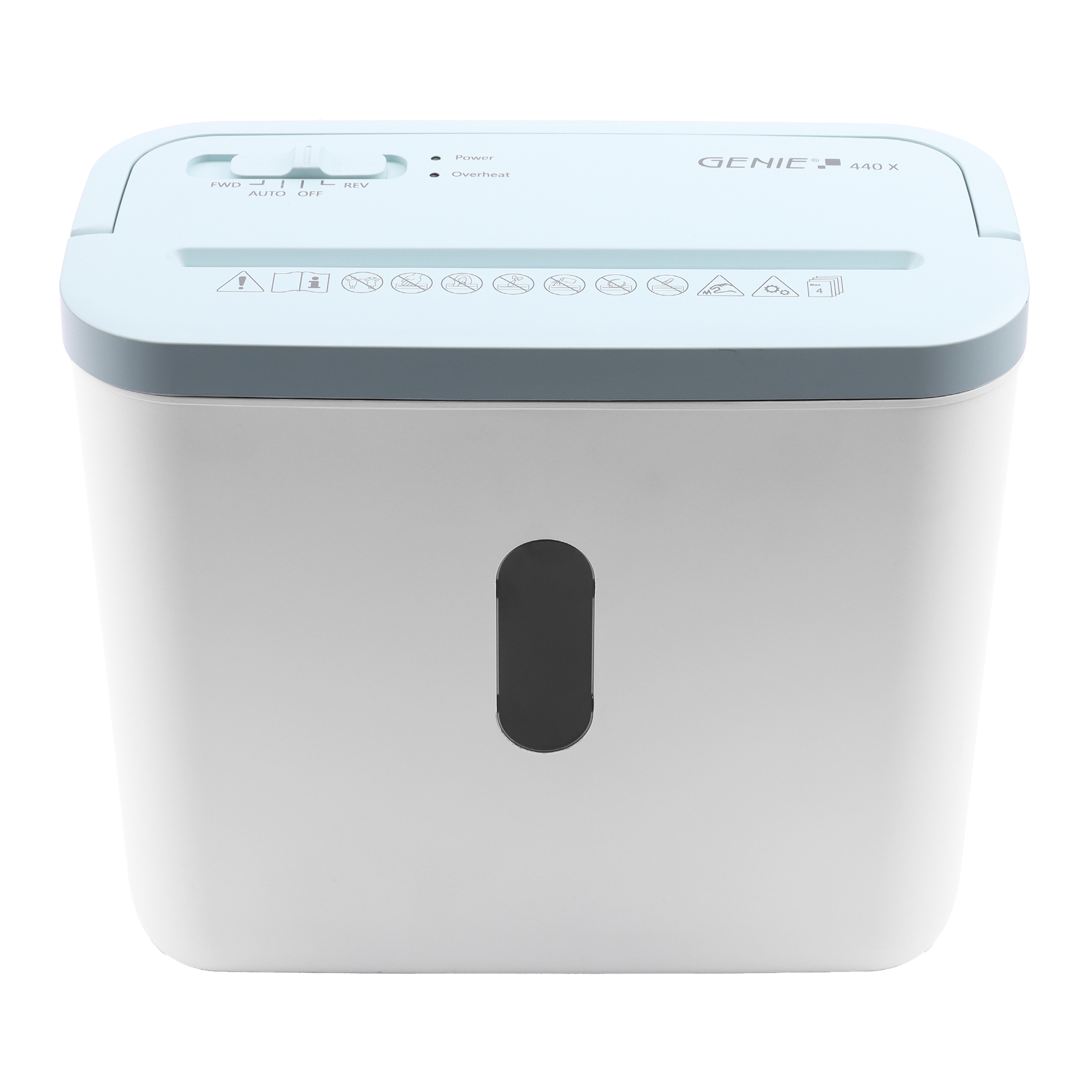 Biała i jasnoniebieska niszczarka papieru, ze szczeliną na papier, przyciskami i wskaźnikiem świetlnym.