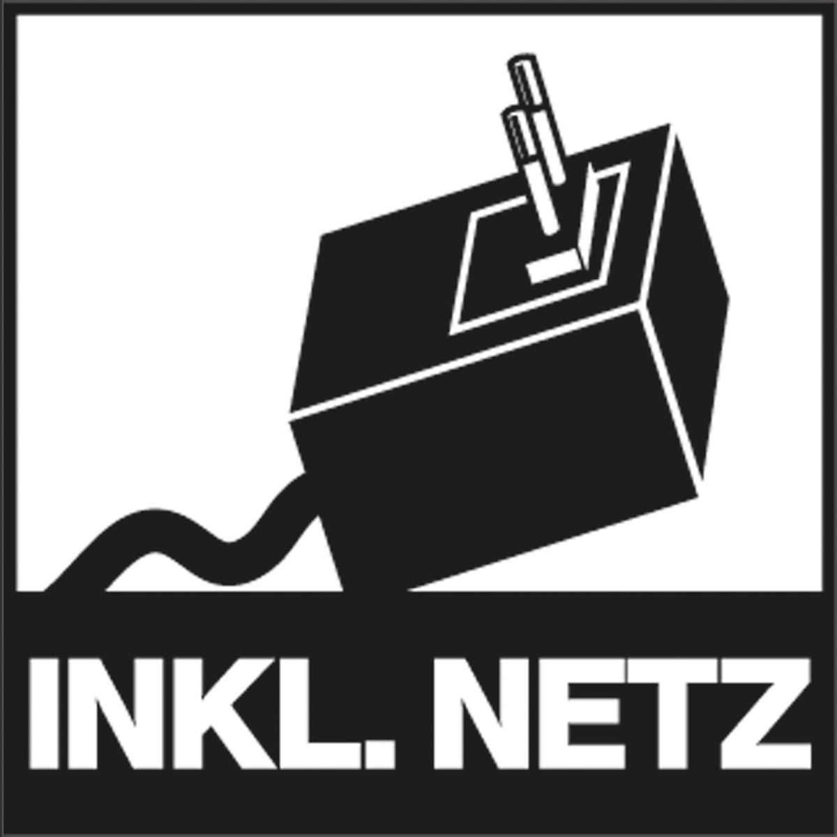 Czarno-białe logo wtyczki i gniazda z tekstem INKL. NETZ (wraz z siecią).