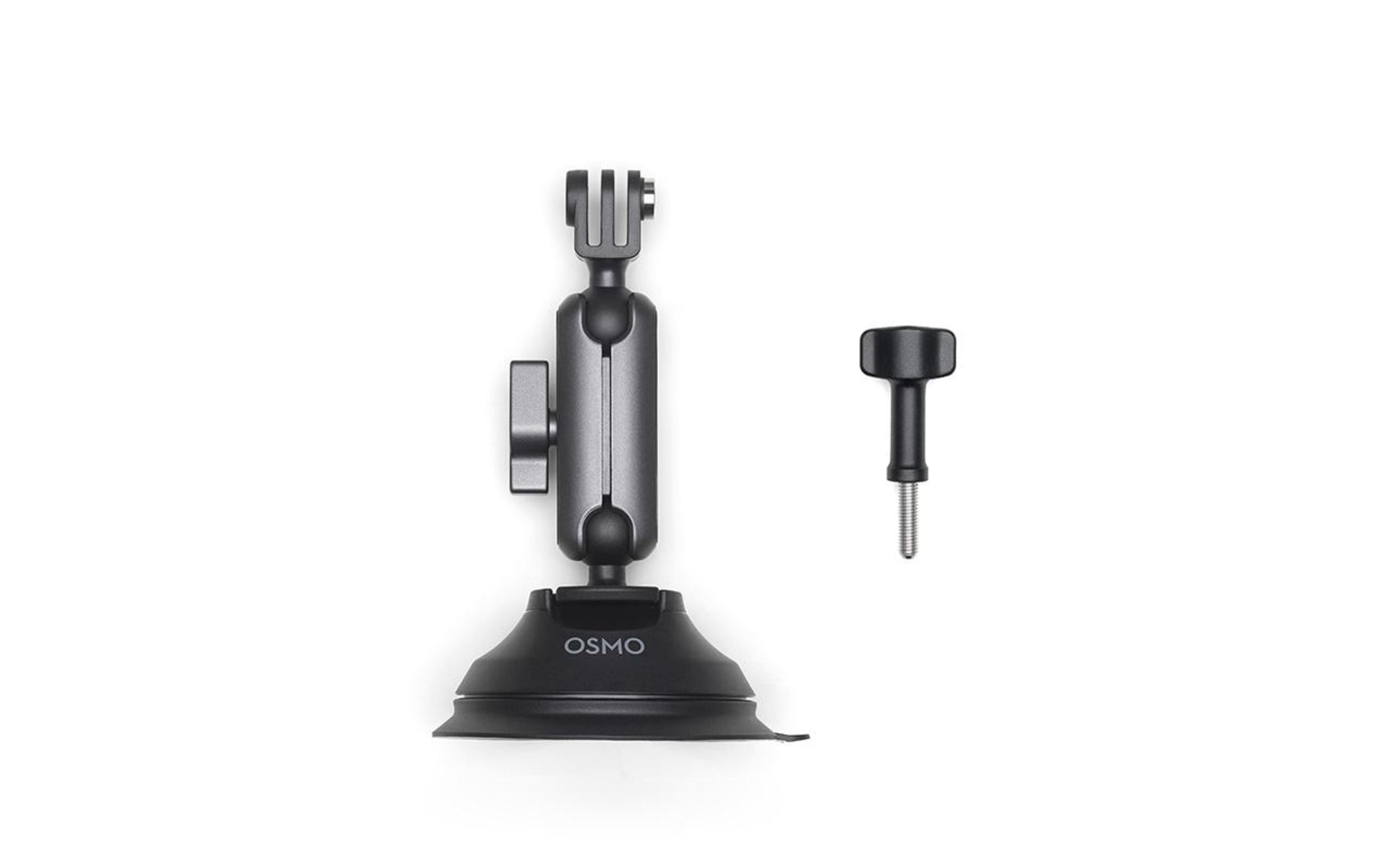 Zwarte Osmo camerabevestiging met zuignapbasis en schroef, geïsoleerd op witte achtergrond.
