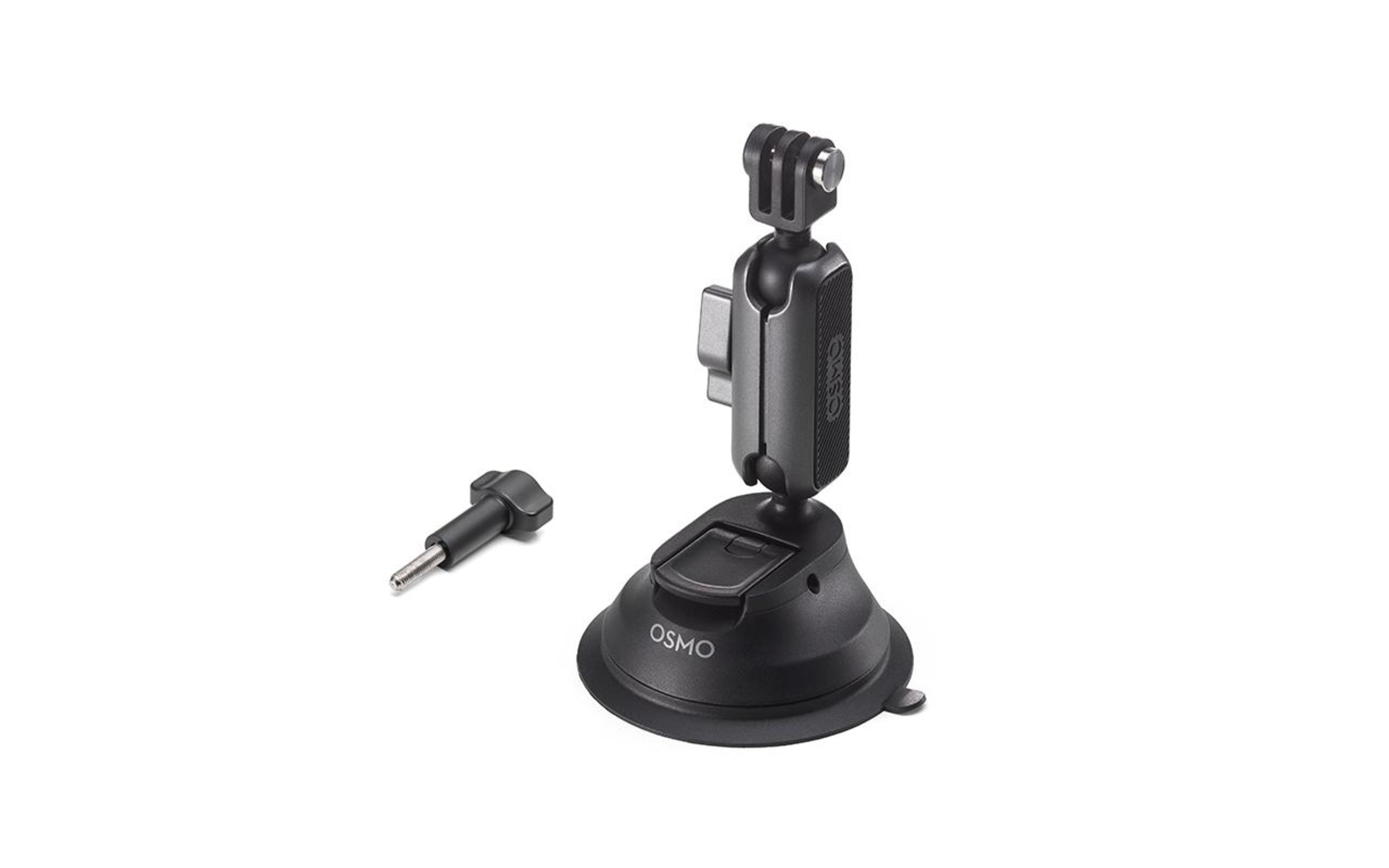 Zwarte Osmo camerabevestiging met zuignap, naast een klein afstelhulpmiddel.
