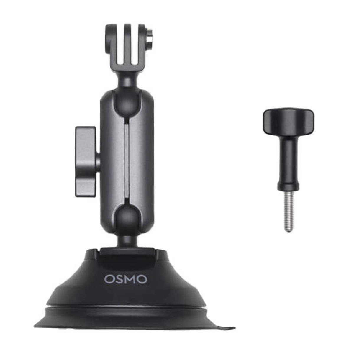 Zwarte Osmo camerabevestiging met een zuignapbasis en een aparte schroef. Witte achtergrond.