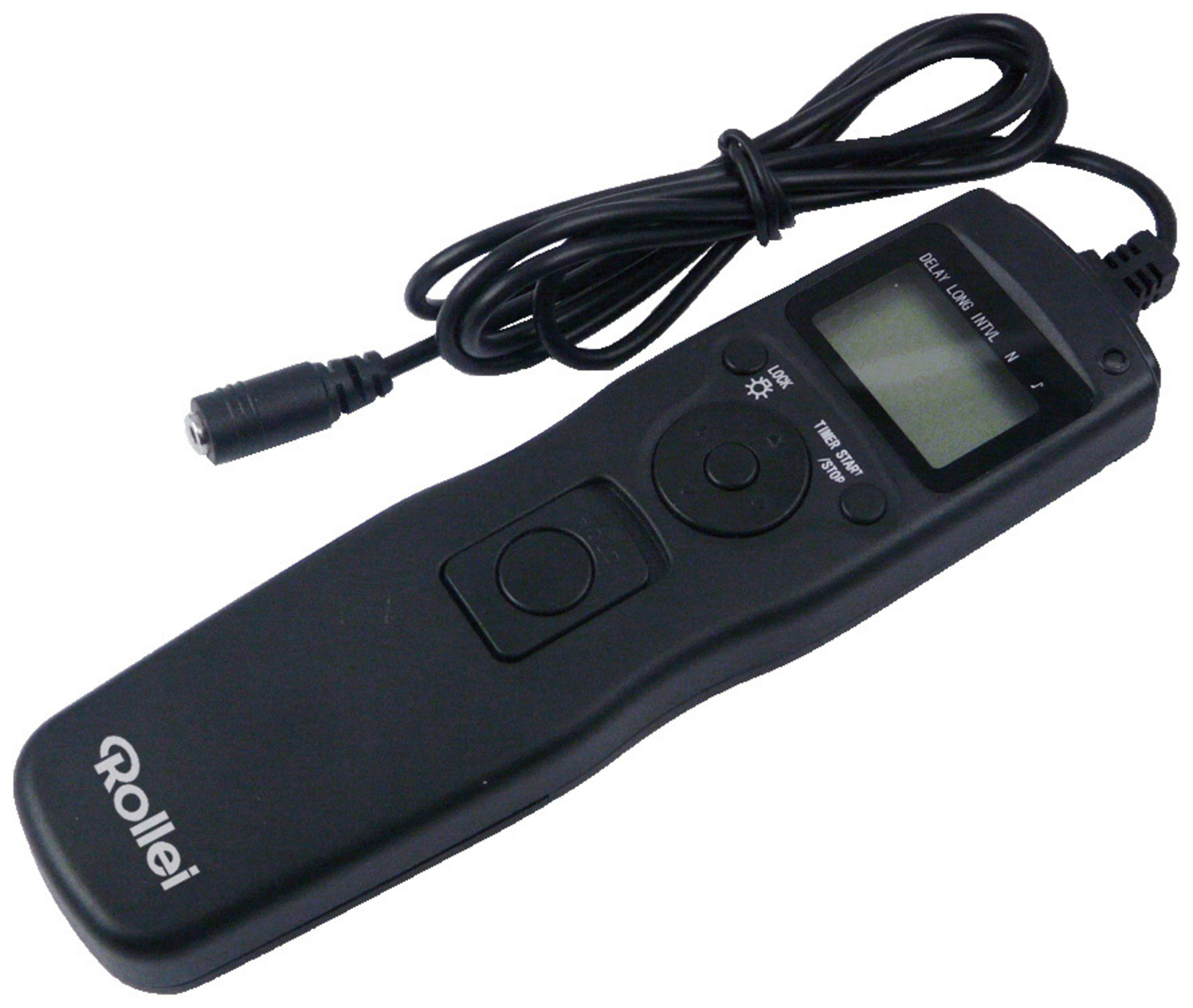 Czarny pilot Rollei z ekranem, przyciskami i przewodem. Jest na białej powierzchni.