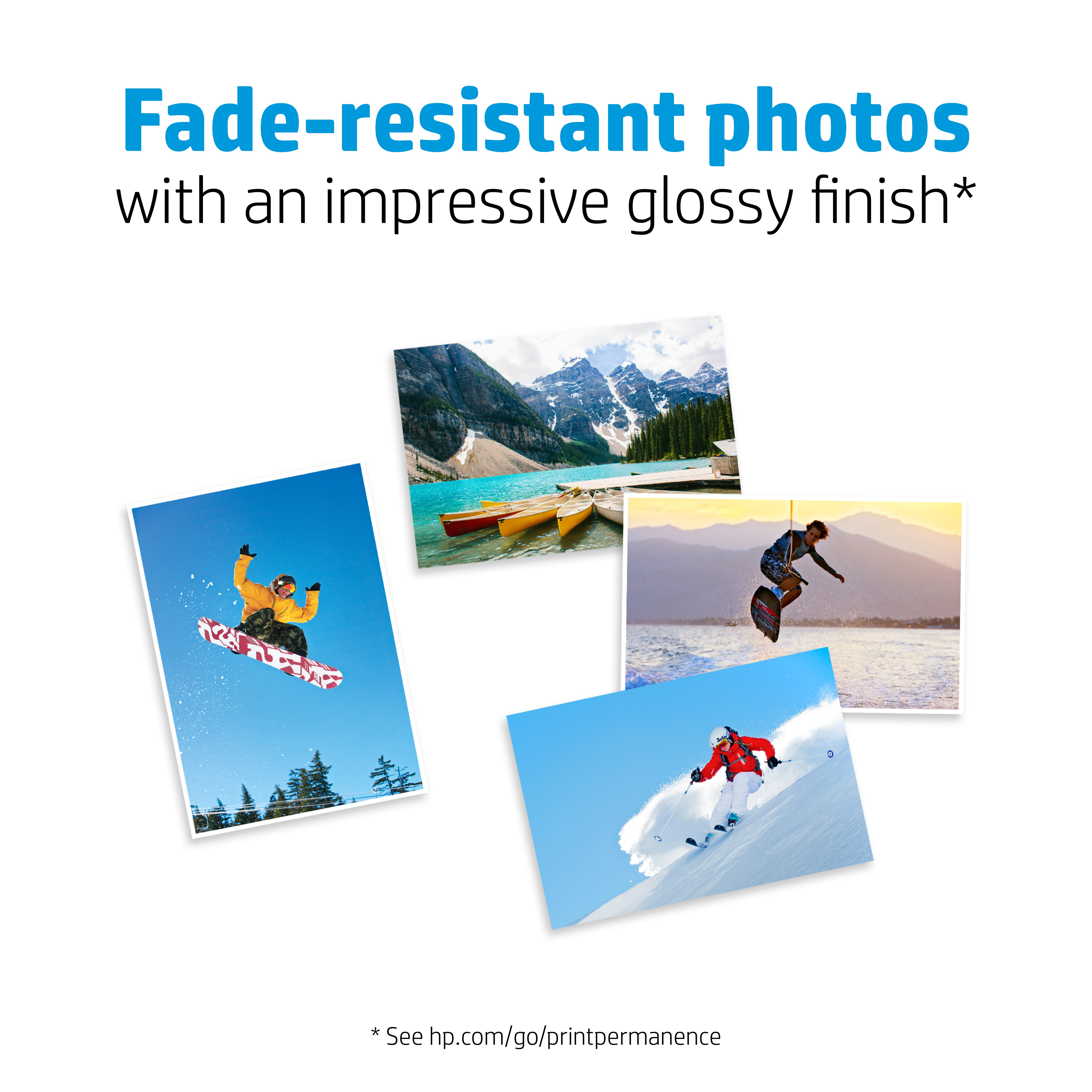 Zdjęcia snowboardzisty, narciarza, jeziora i surfera, z tekstem: Odporne na blaknięcie zdjęcia z błyszczącym wykończeniem.