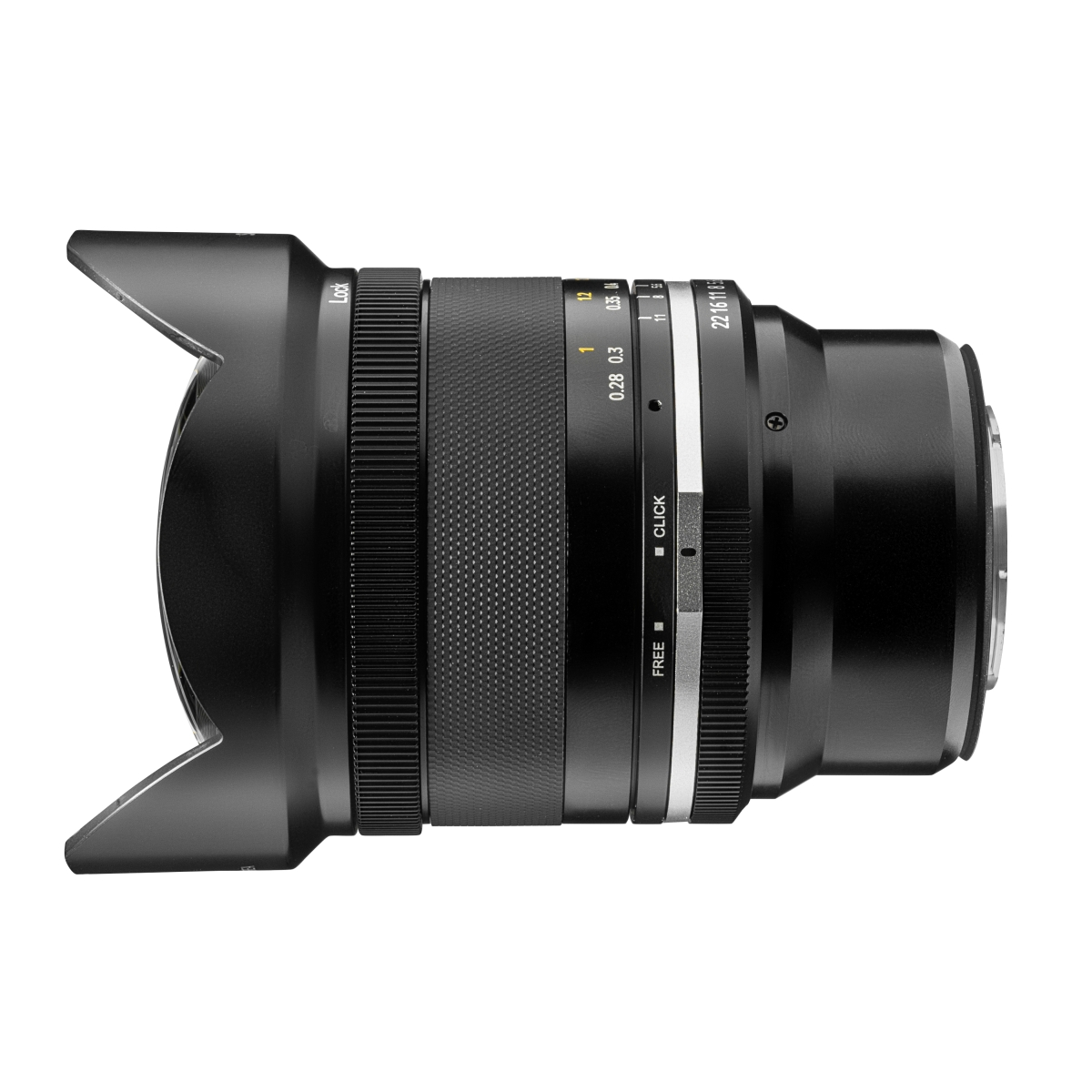 Czarny obiektyw z oznaczeniami, białe tło.