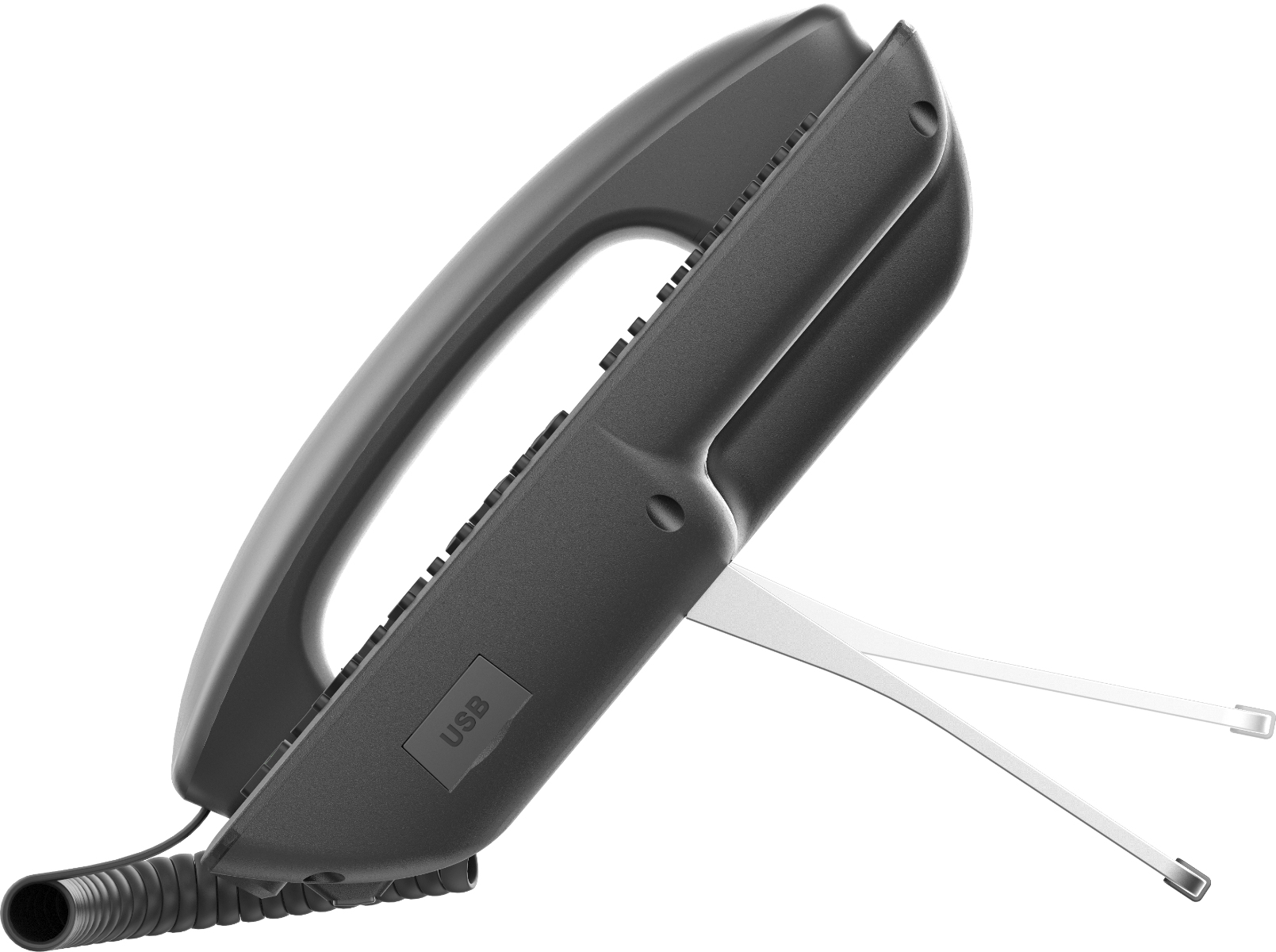 Czarny telefon, widok z boku. Posiada port USB i podpórkę.