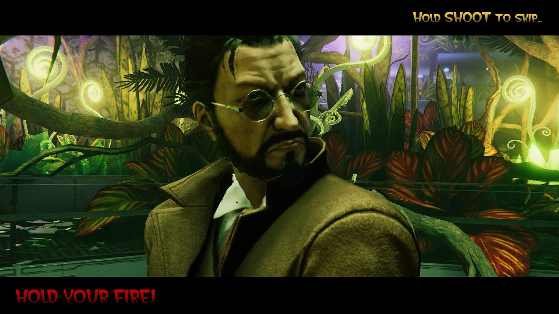Mężczyzna w okularach przeciwsłonecznych w scenie z gry wideo. Tekst brzmi: "Przytrzymaj strzał, aby strzelać... Wstrzymaj ogień!"