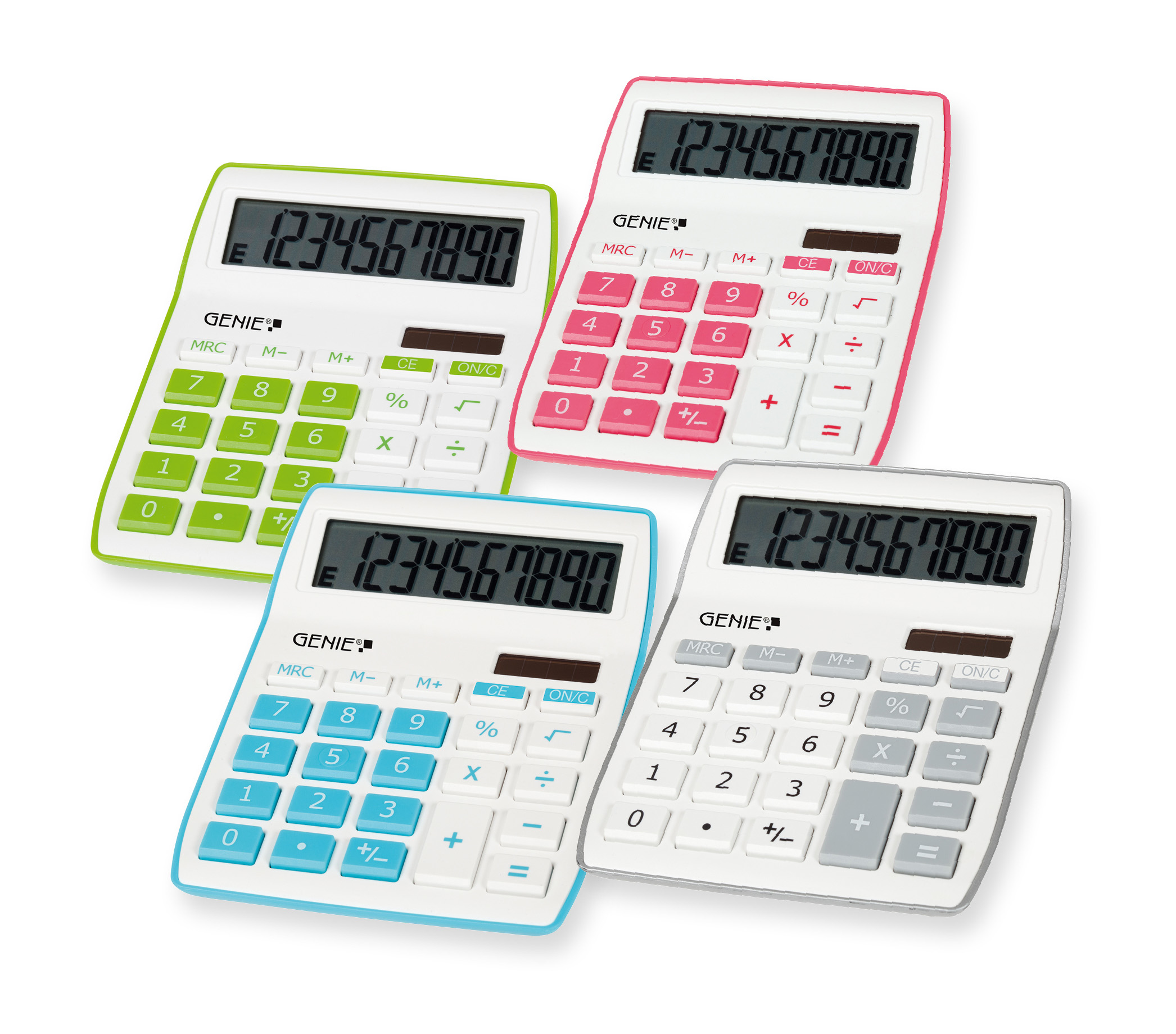 Cztery kalkulatory w różnych kolorach: zielony, różowy, niebieski i szary. Wszystkie pokazują 1234567890.
