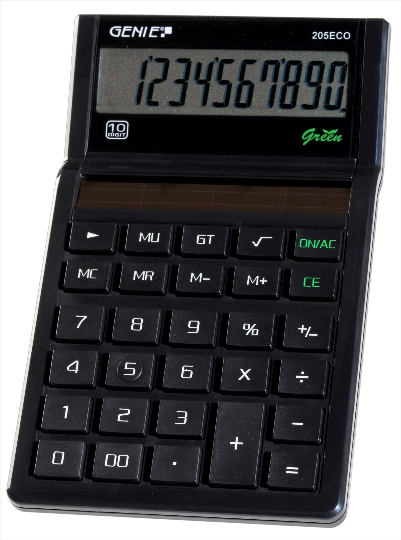 Czarny kalkulator Genie z dużym wyświetlaczem pokazującym 1234567890. Posiada wiele przycisków z różnymi funkcjami.
