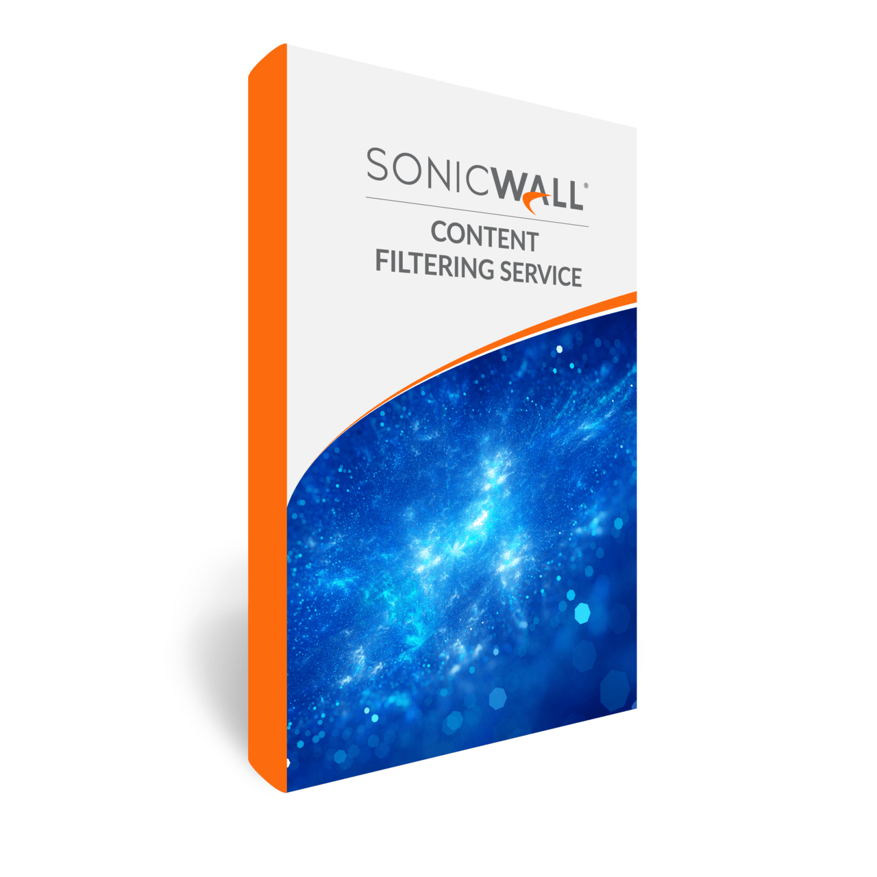Scatola del servizio di filtraggio contenuti SonicWall. Bianca con un design astratto blu e bianco. Lato arancione.