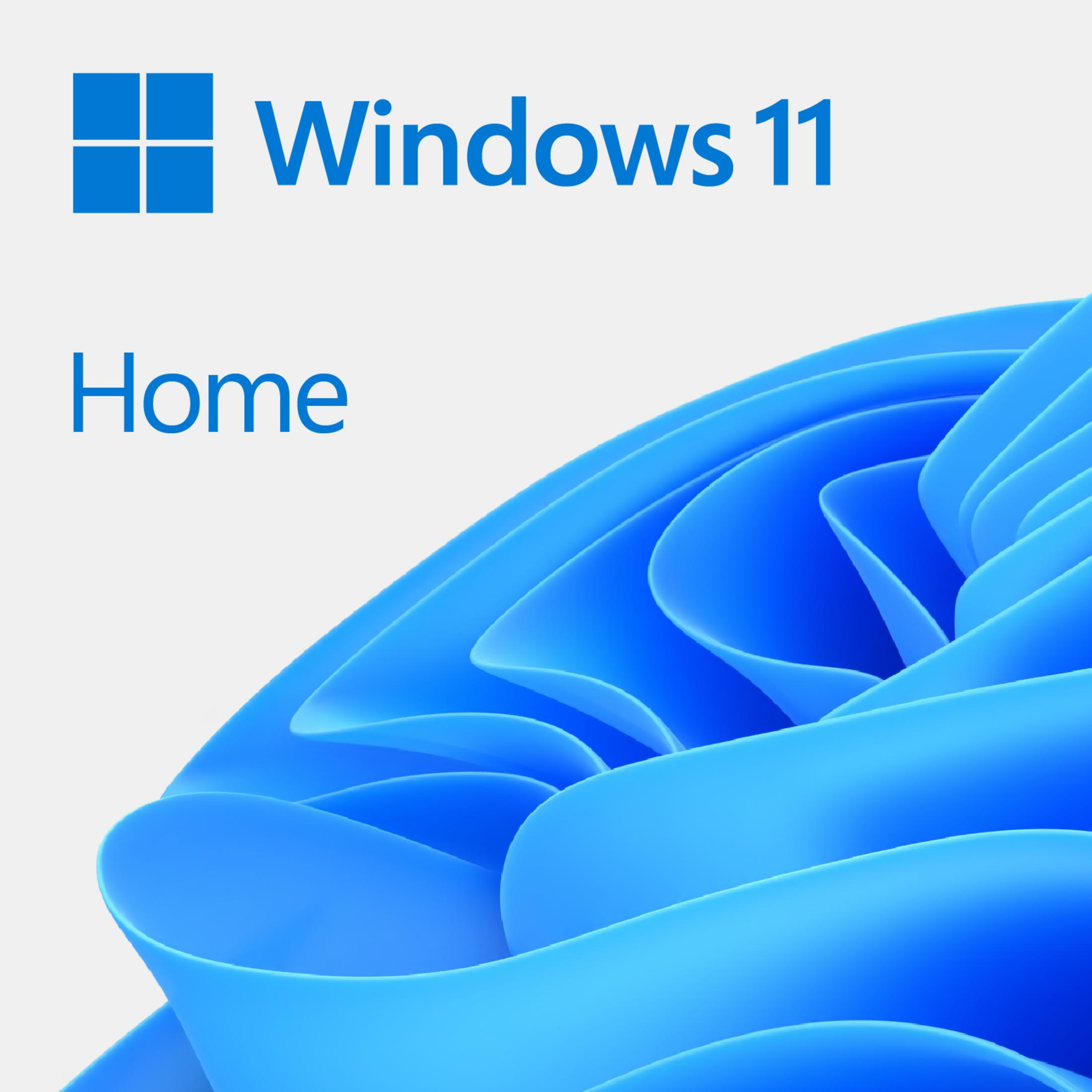 Logo Windows 11 Home na niebieskim falistym tle.