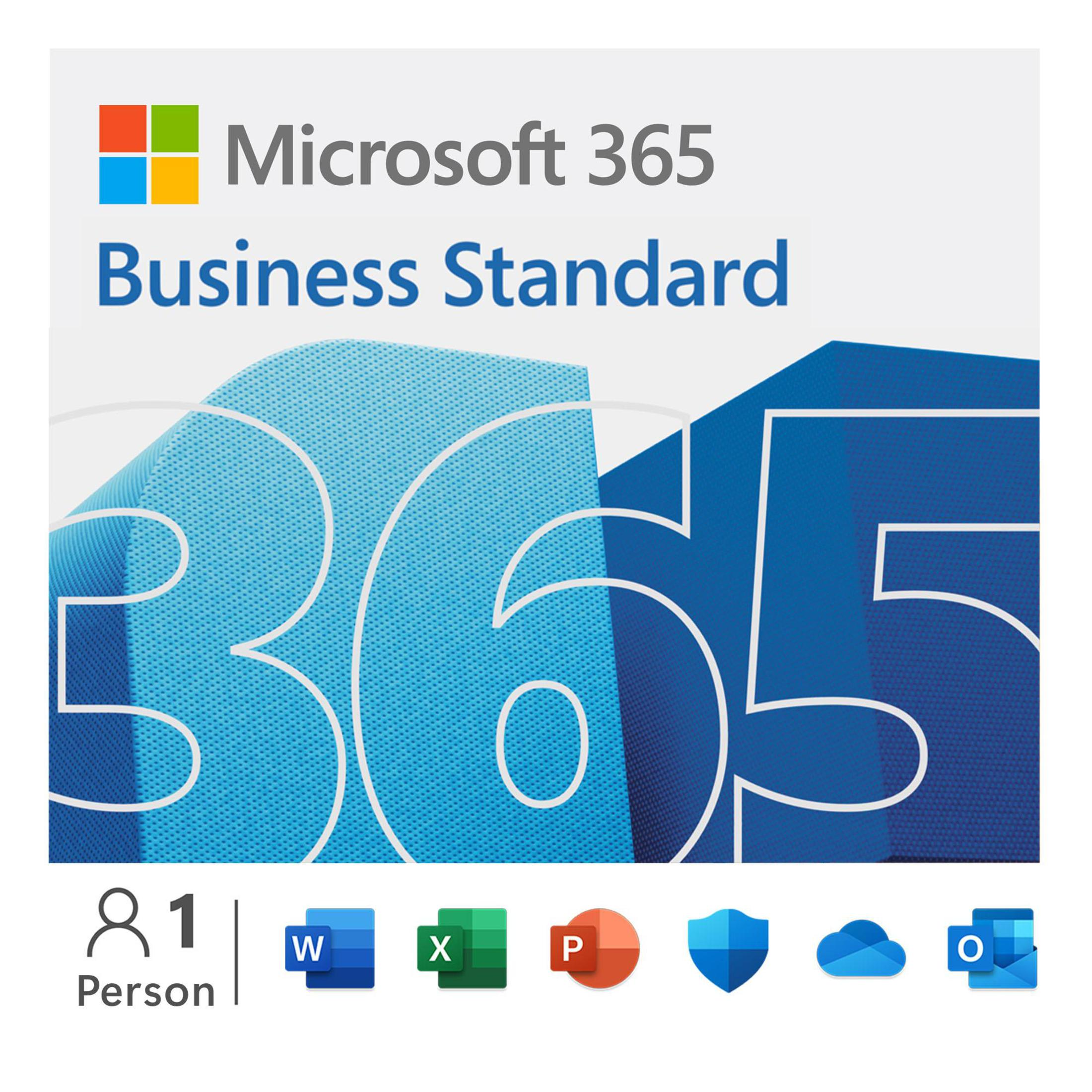 Pudełko Microsoft 365 Business Standard. Niebieskie tło z 365 w kolorze białym. Ikony aplikacji na dole.