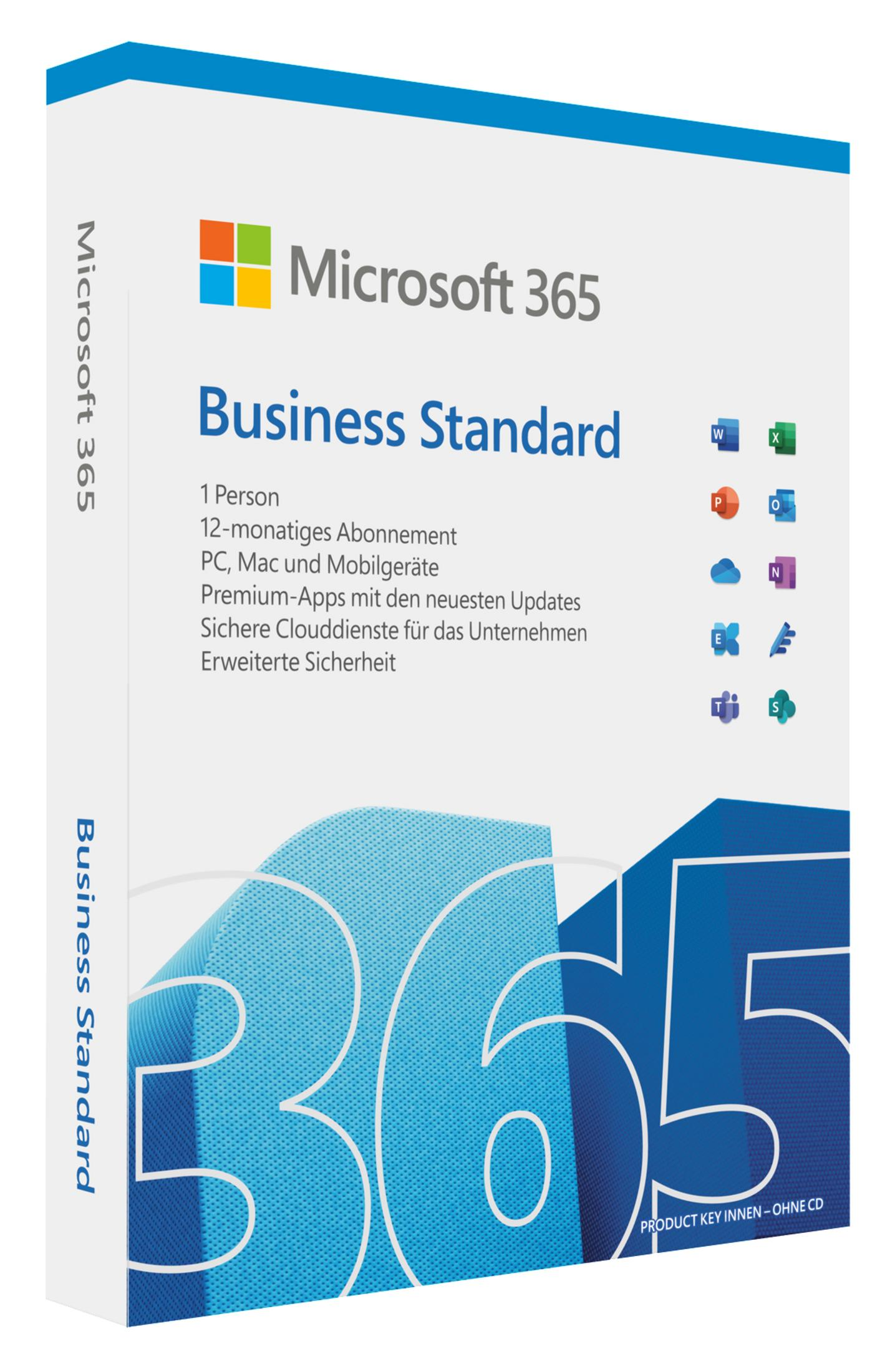 Pudełko Microsoft 365 Business Standard z ikonami. Niebiesko-biały design.