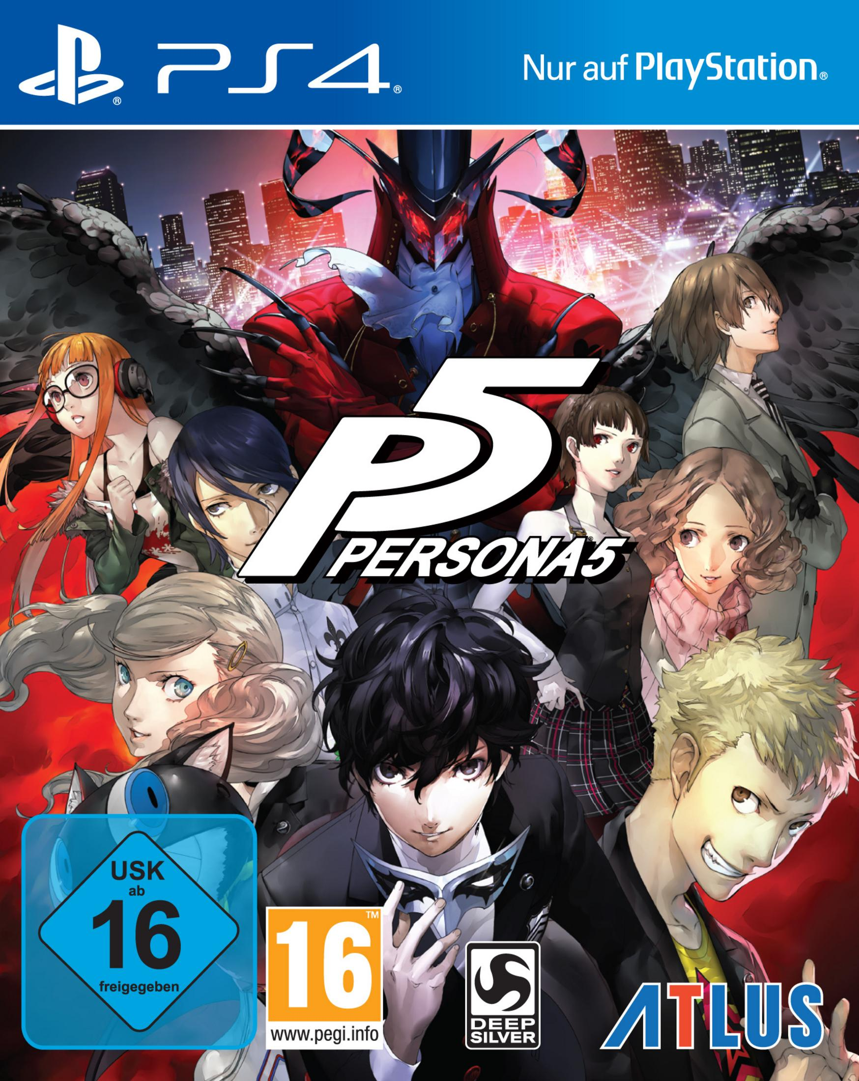 Persona 5-Spielcover mit mehreren Anime-Charakteren auf rotem und schwarzem Hintergrund.