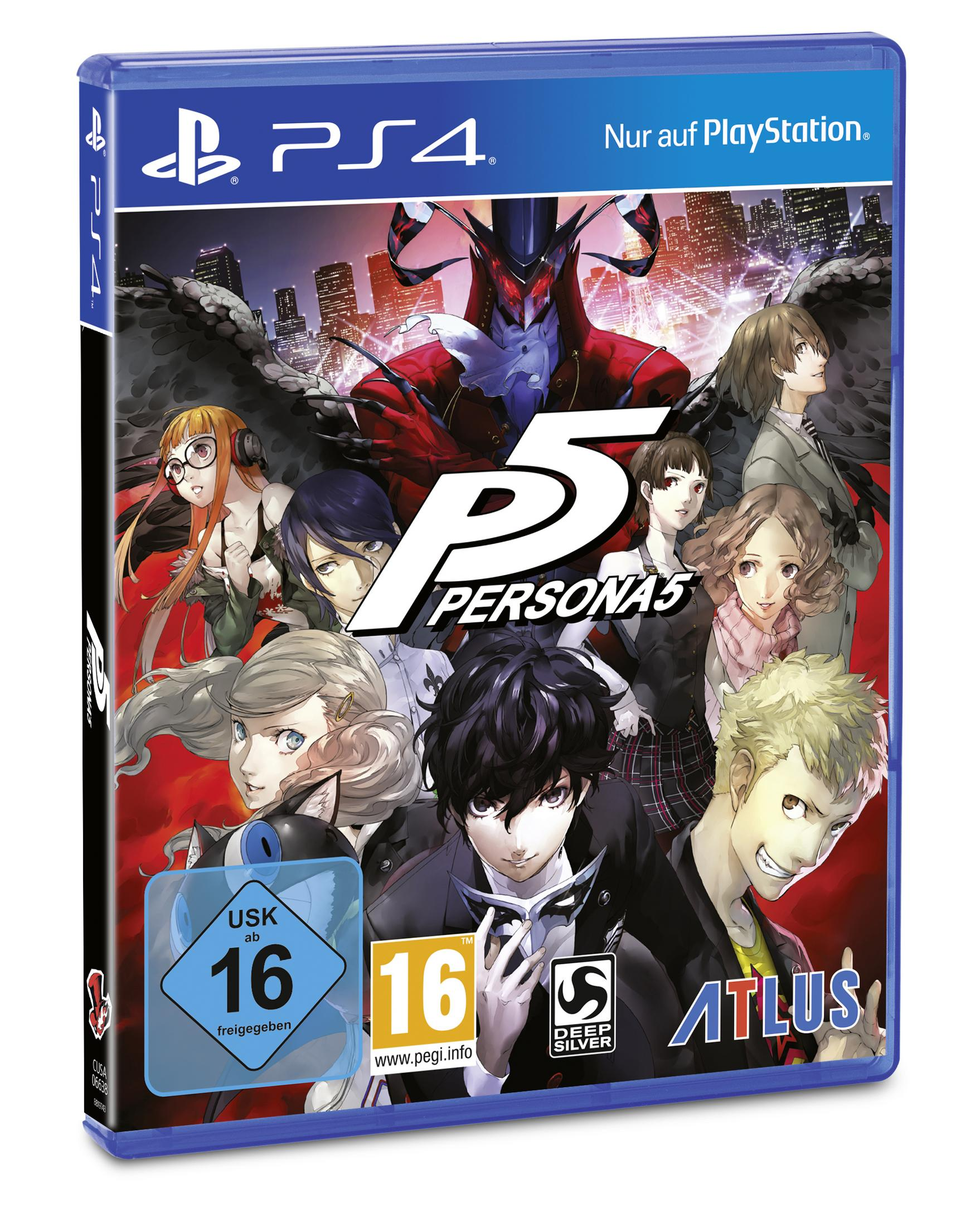 Persona 5 PS4-Spielbox, mehrere Anime-Charaktere auf rotem und schwarzem Hintergrund.