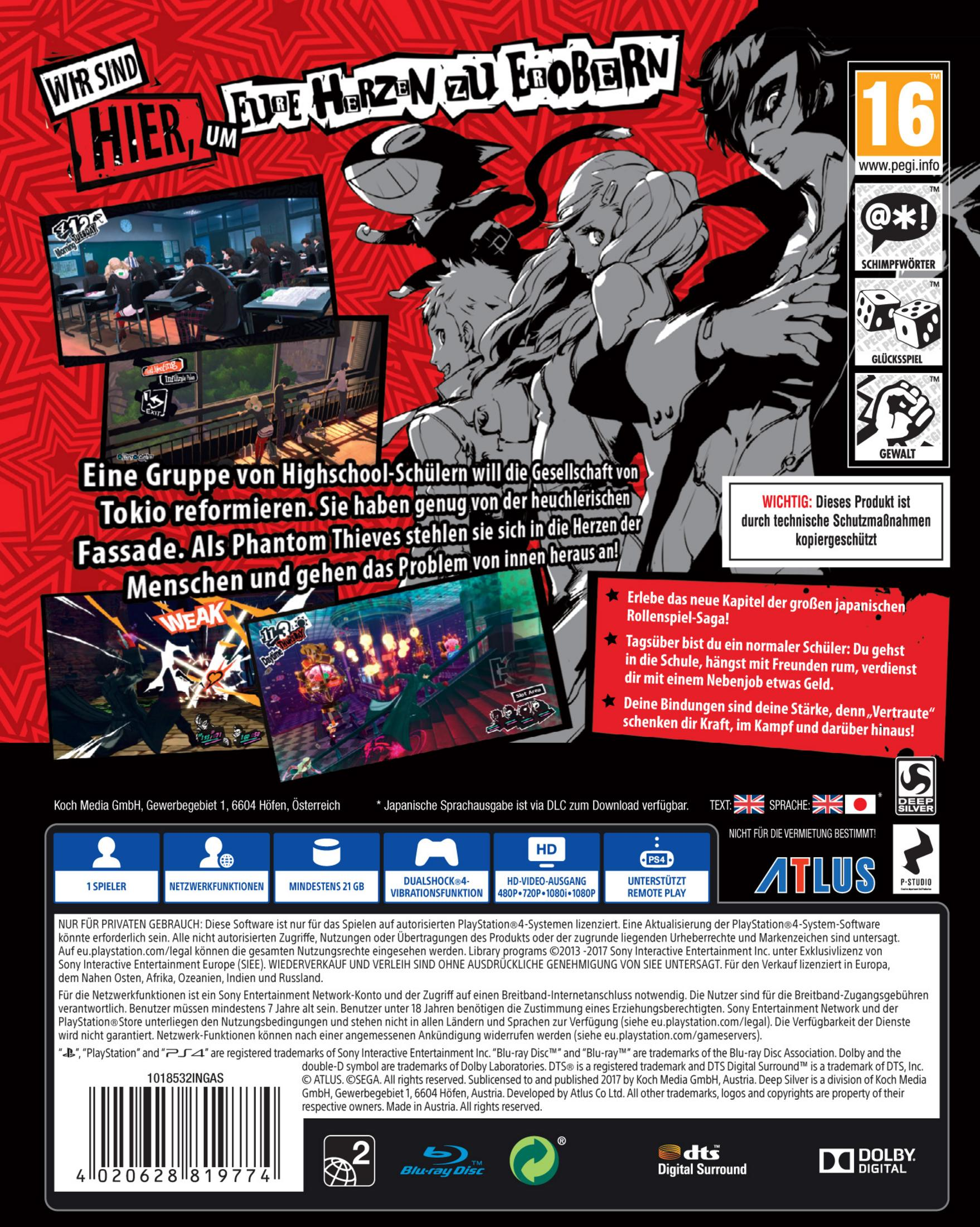 Rückseite der Persona 5-Spielbox. Mehrere Anime-Charaktere und japanischer Text.