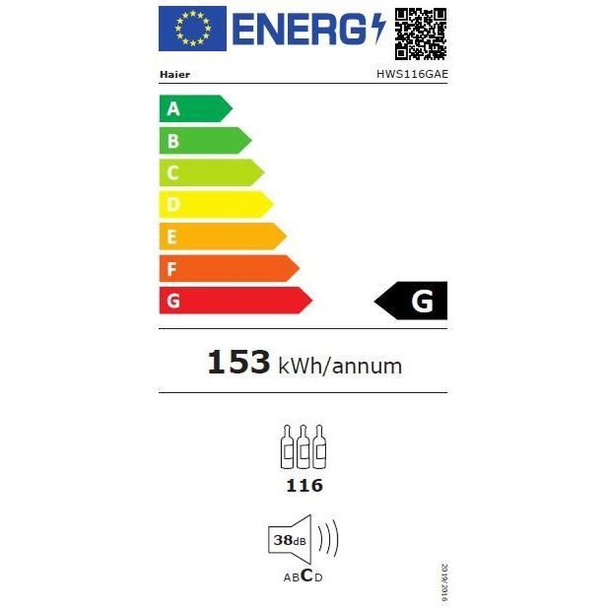 Un'etichetta energetica. L'etichetta ha valutazioni e cifre. Include Haier, classe energetica G e consumo in kWh.
